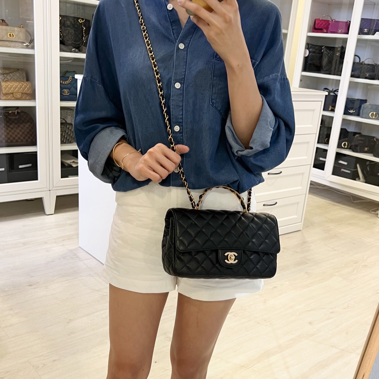 Chanel 23K Small Flap With Top Handle In Black Lambskin And Aghw ( ) Bag