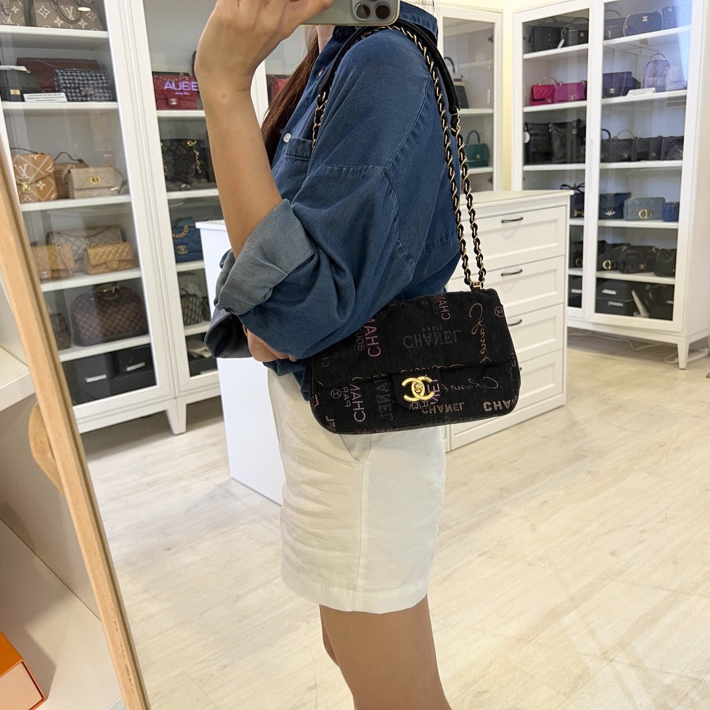 Chanel 22P Denim Mood Small Flap Bag in Black Printed Denim and Aghw