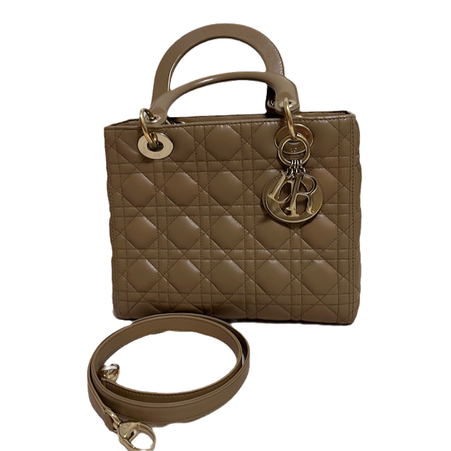 Dior Lady Cannage Lambskin Handbag Leather Beige Travel Bag