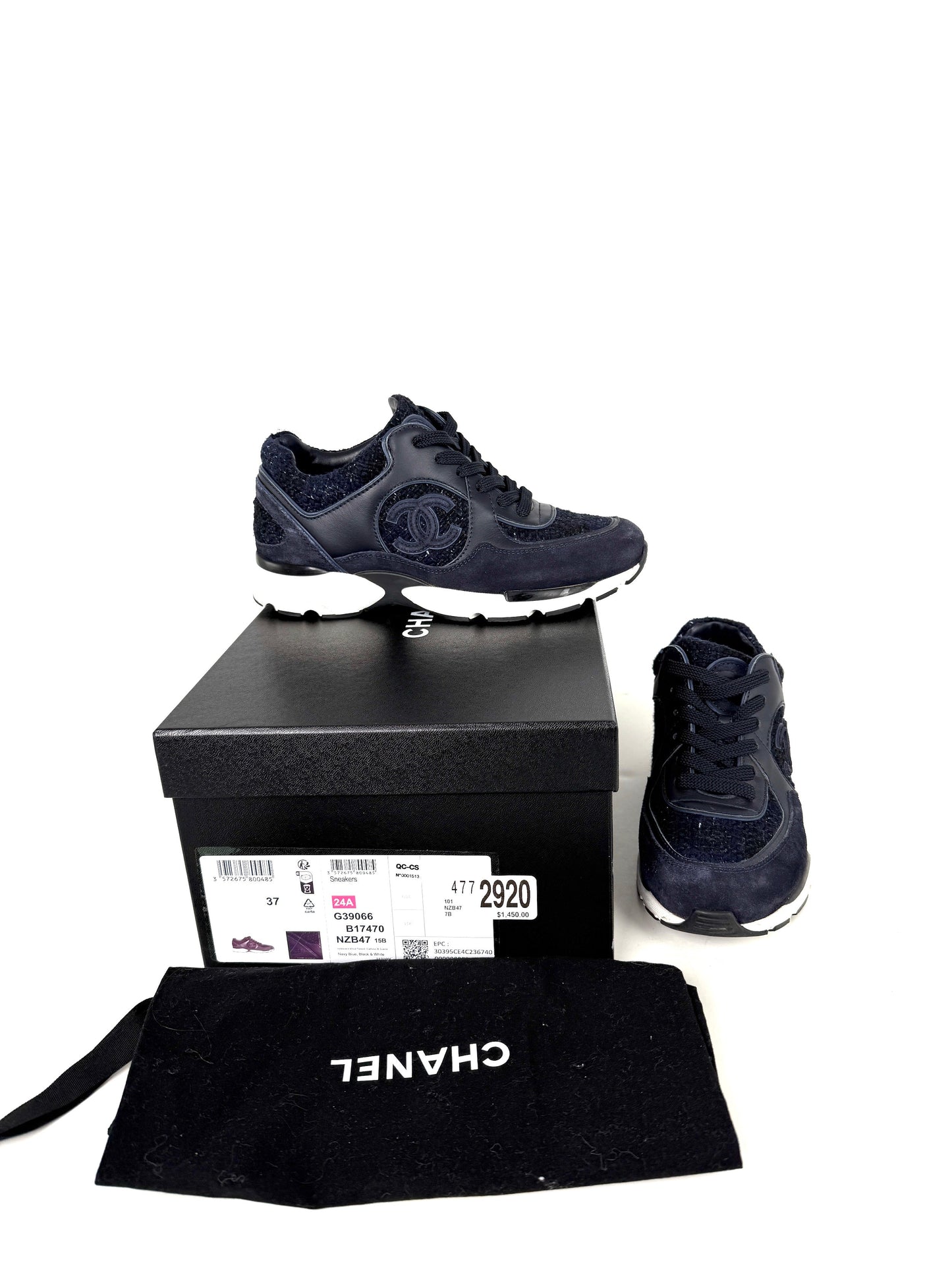 CHANEL 24A Navy Blue Black Tweed Sneakers 37, 6