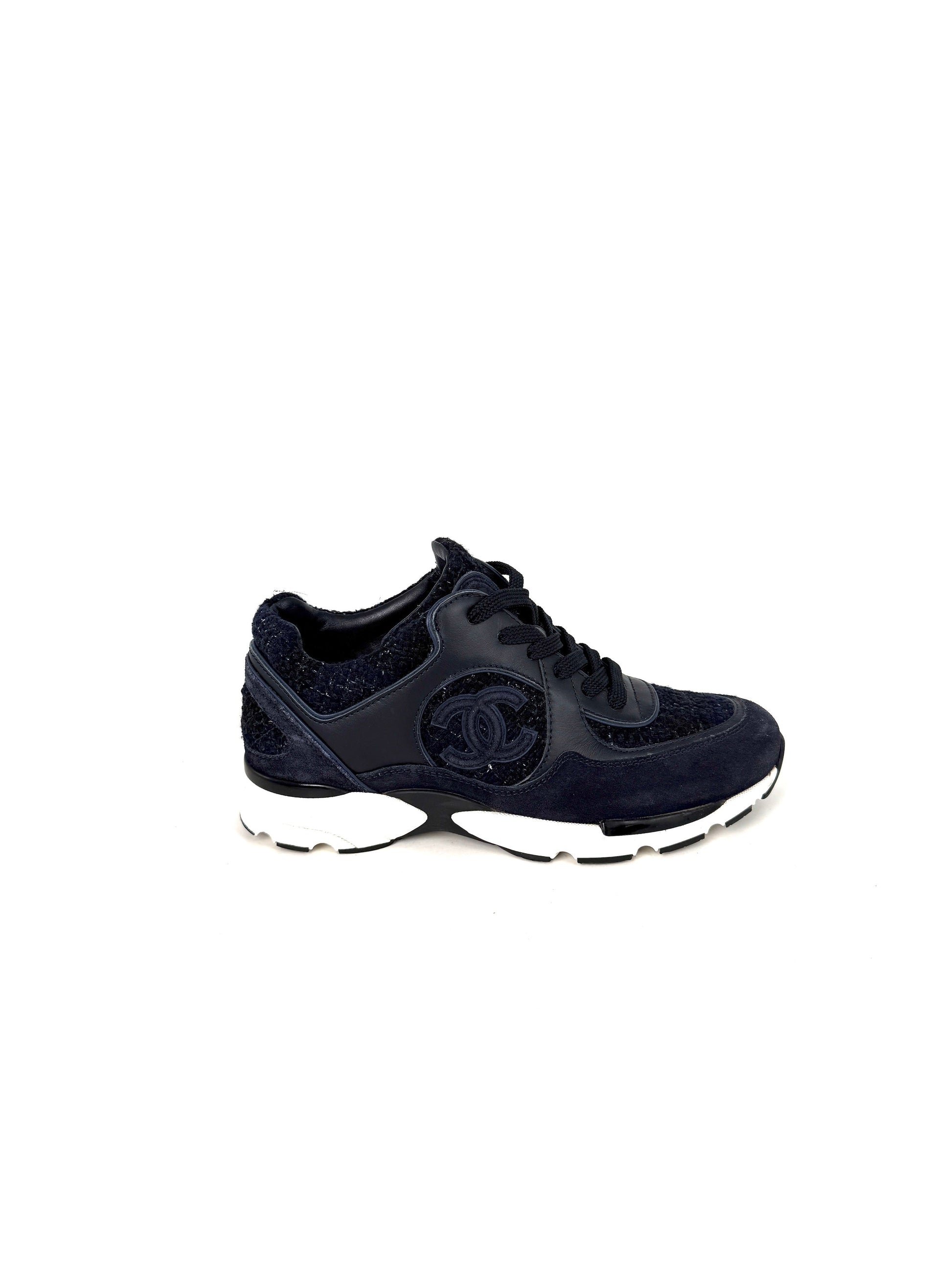 Chanel 24A Navy Blue Black Tweed Sneakers 37,6 for Women