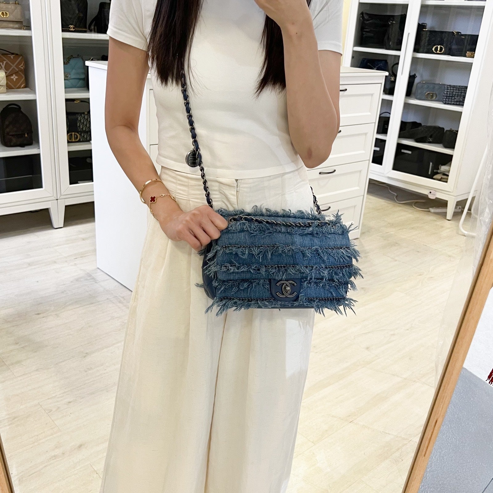 Chanel 15C Flap Bag with Fringe in Blue Denim,calfskin and Shw ( )