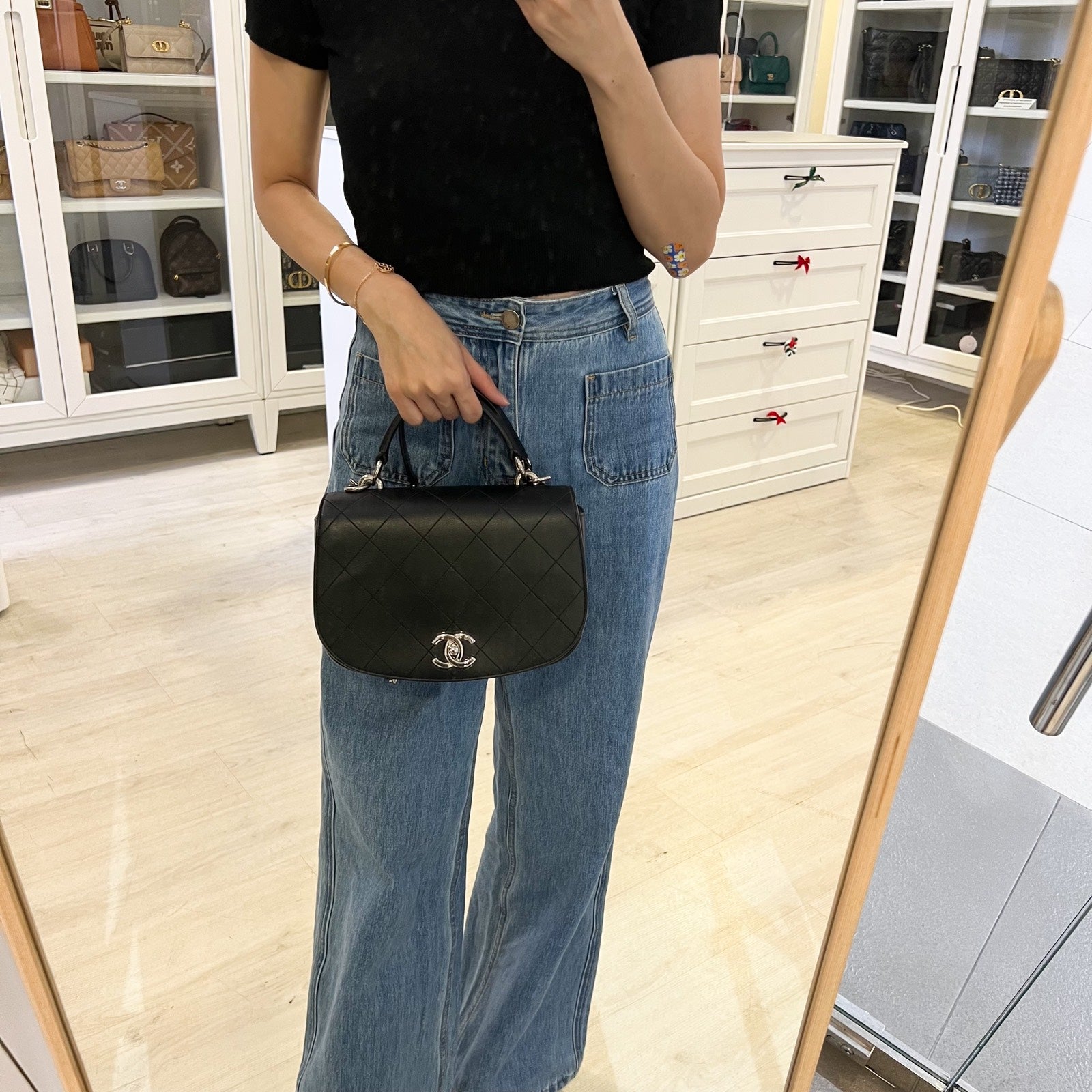 Chanel Seasonal Medium Top Handle Full Flap Bag With Chain Strap In Black Calfskin And Shw