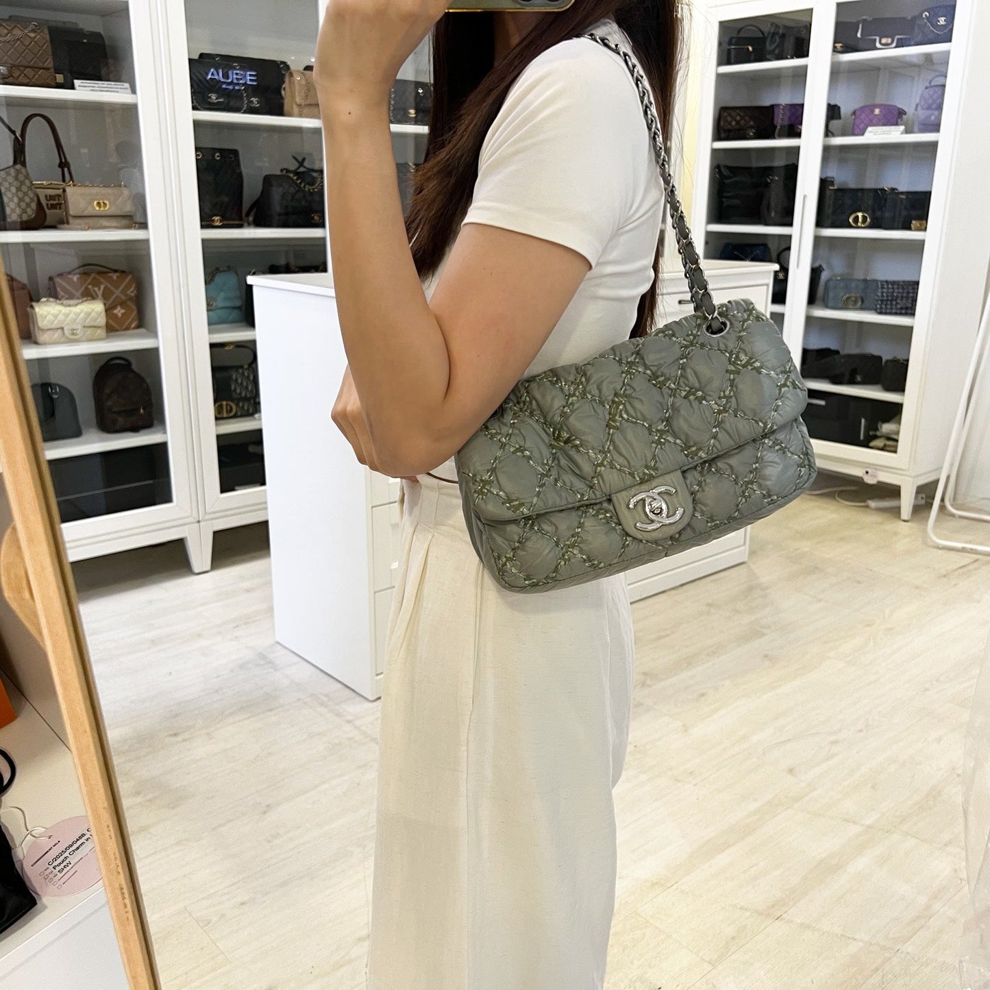 Chanel Tweed On Stitch Bubble Accordion Flap In Greenish Grey Nylon And Shw Bag