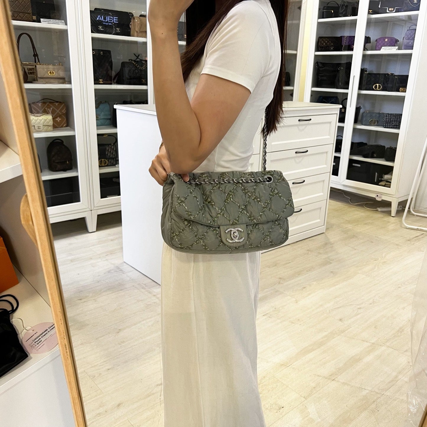 Chanel Tweed On Stitch Bubble Accordion Flap In Greenish Grey Nylon And Shw Bag