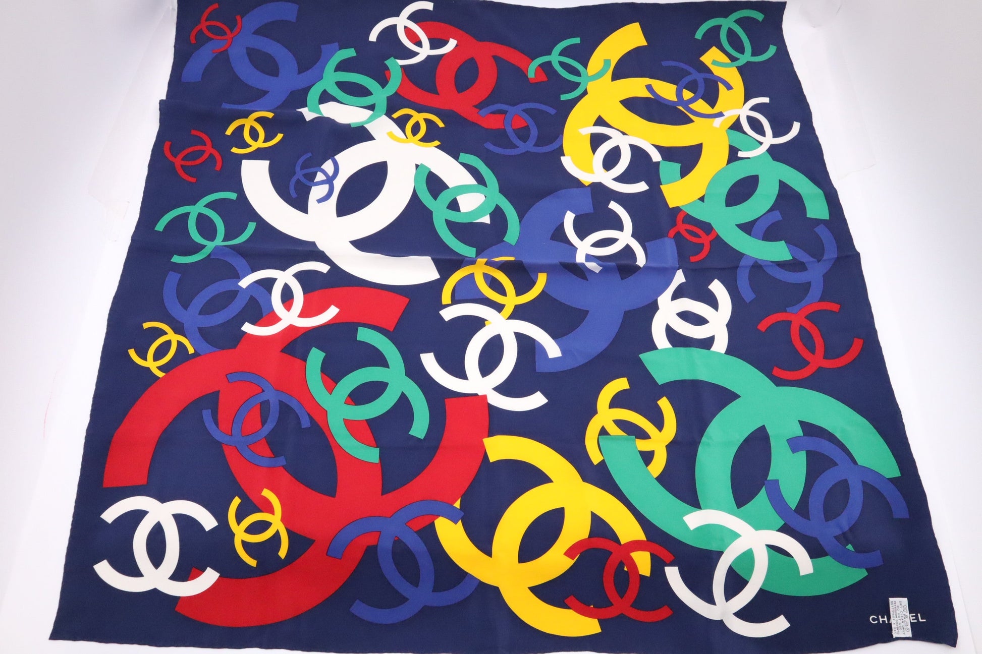 Chanel Scarf Navy Silk Multicolor Blue