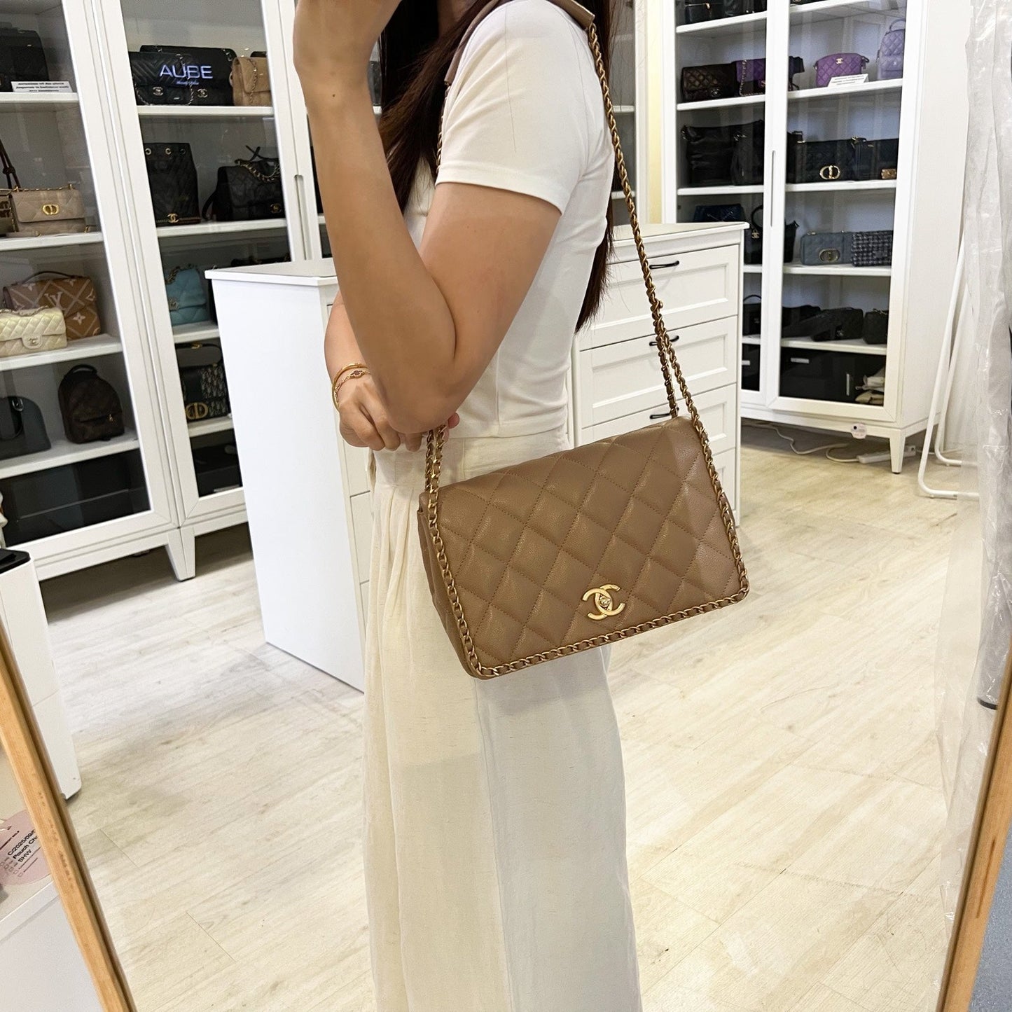 Chanel 22B Never Ending Chain Flap in Milk Tea Beige Caviar and Aghw ( ) Handbag
