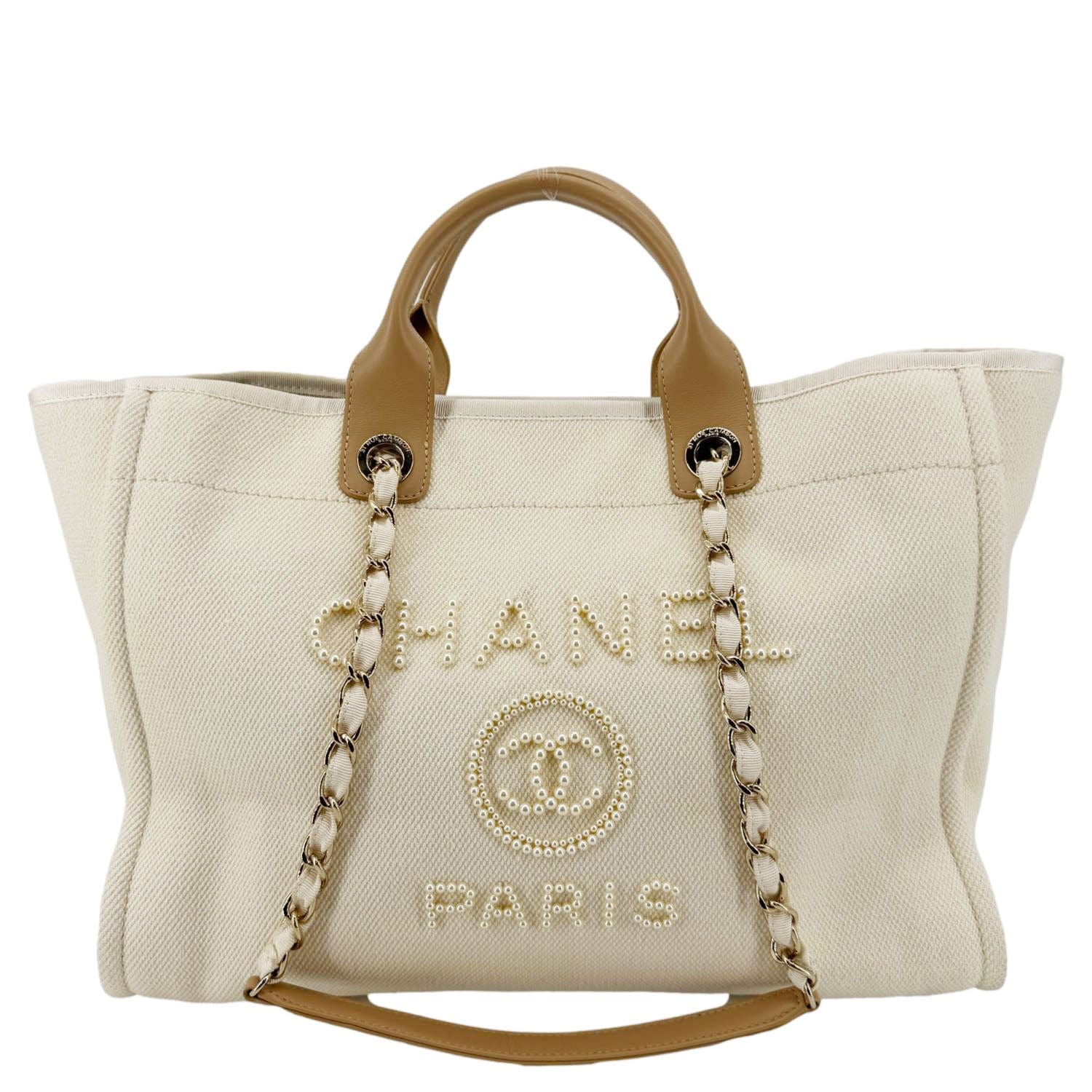 Chanel Deauville Pearl Embellished Cream Canvas Travel Bag Tote Bag