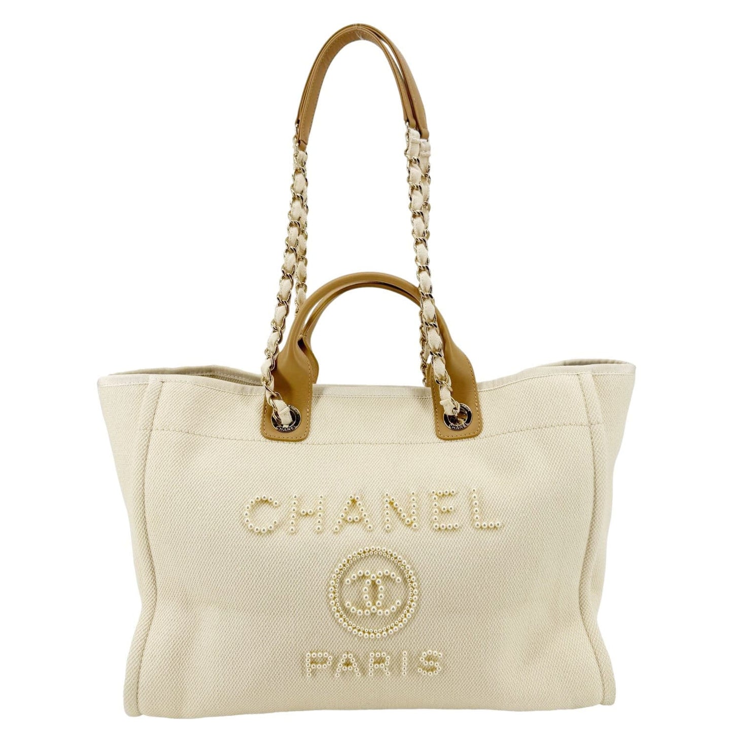 Chanel Deauville Pearl Embellished Cream Canvas Travel Bag Tote Bag