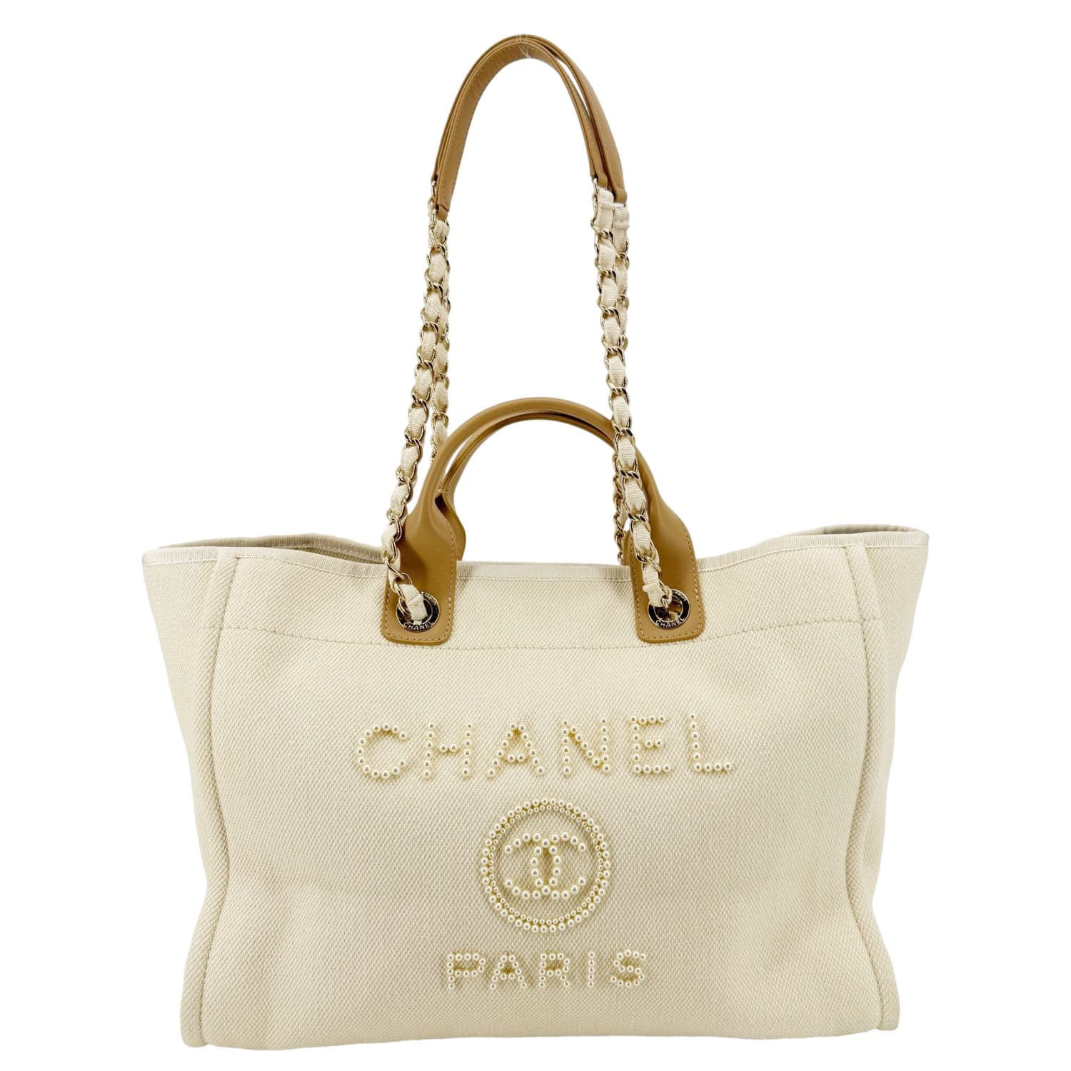Chanel Deauville Pearl Embellished Cream Canvas Travel Bag Tote Bag