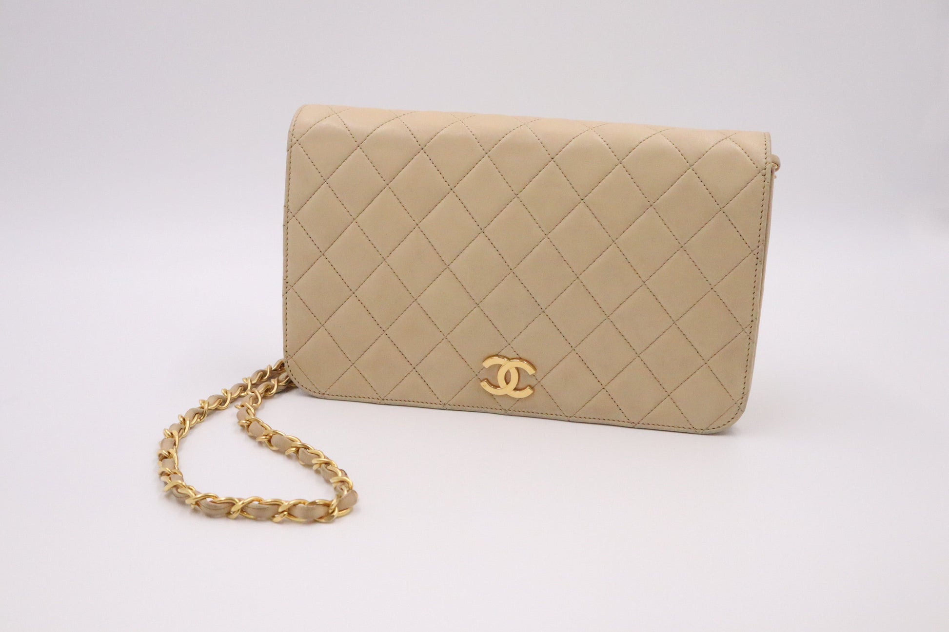 Chanel Full Flap Beige Leather Handbag