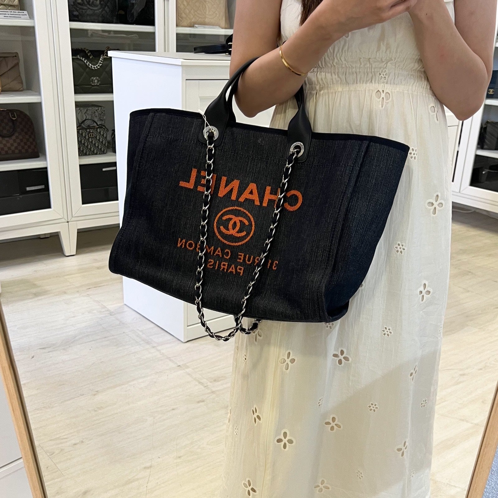 Chanel Medium / Large Deauville Tote in Denim Fabric,navy Leather Trim and Shw ( )