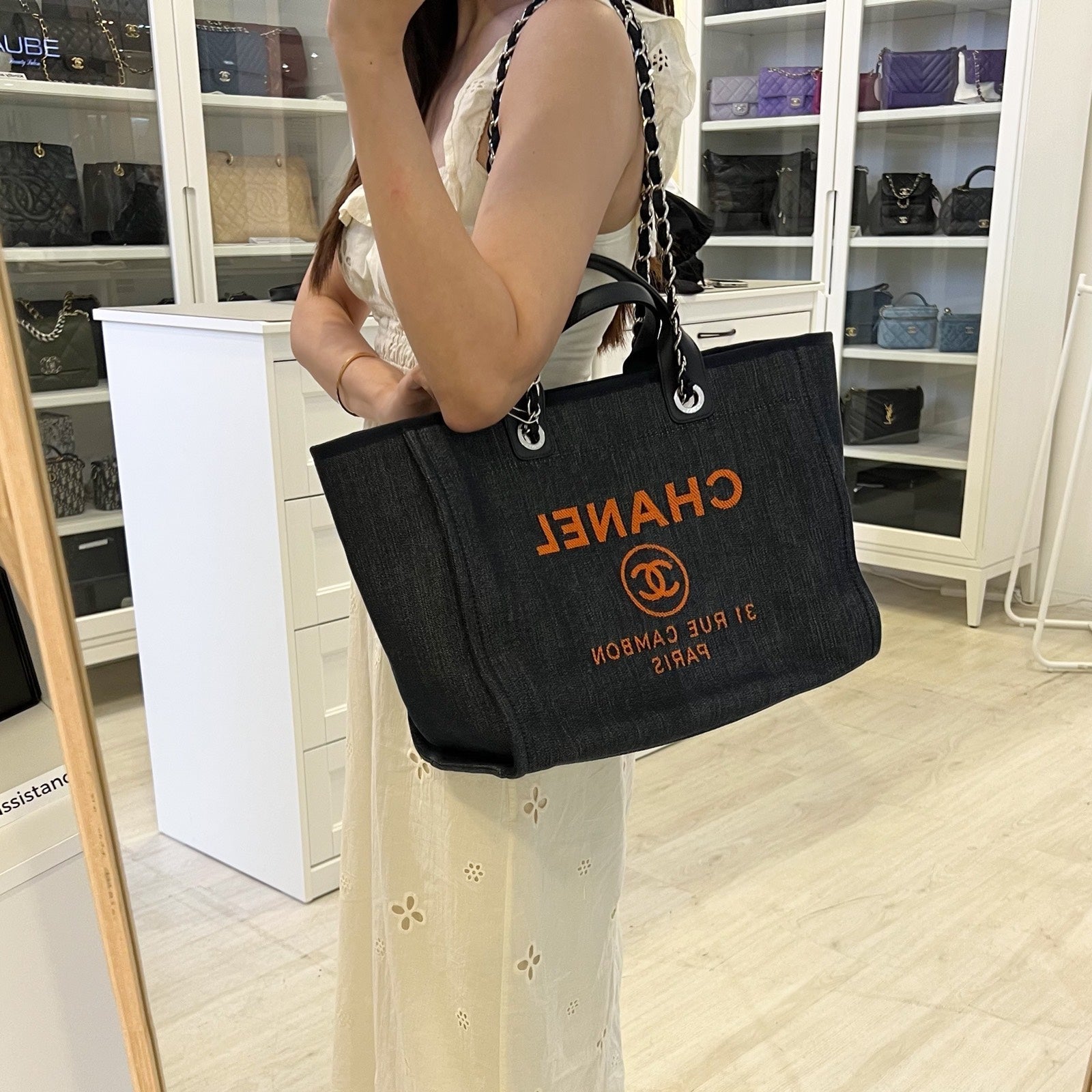 Chanel Medium / Large Deauville Tote in Denim Fabric,navy Leather Trim and Shw ( )