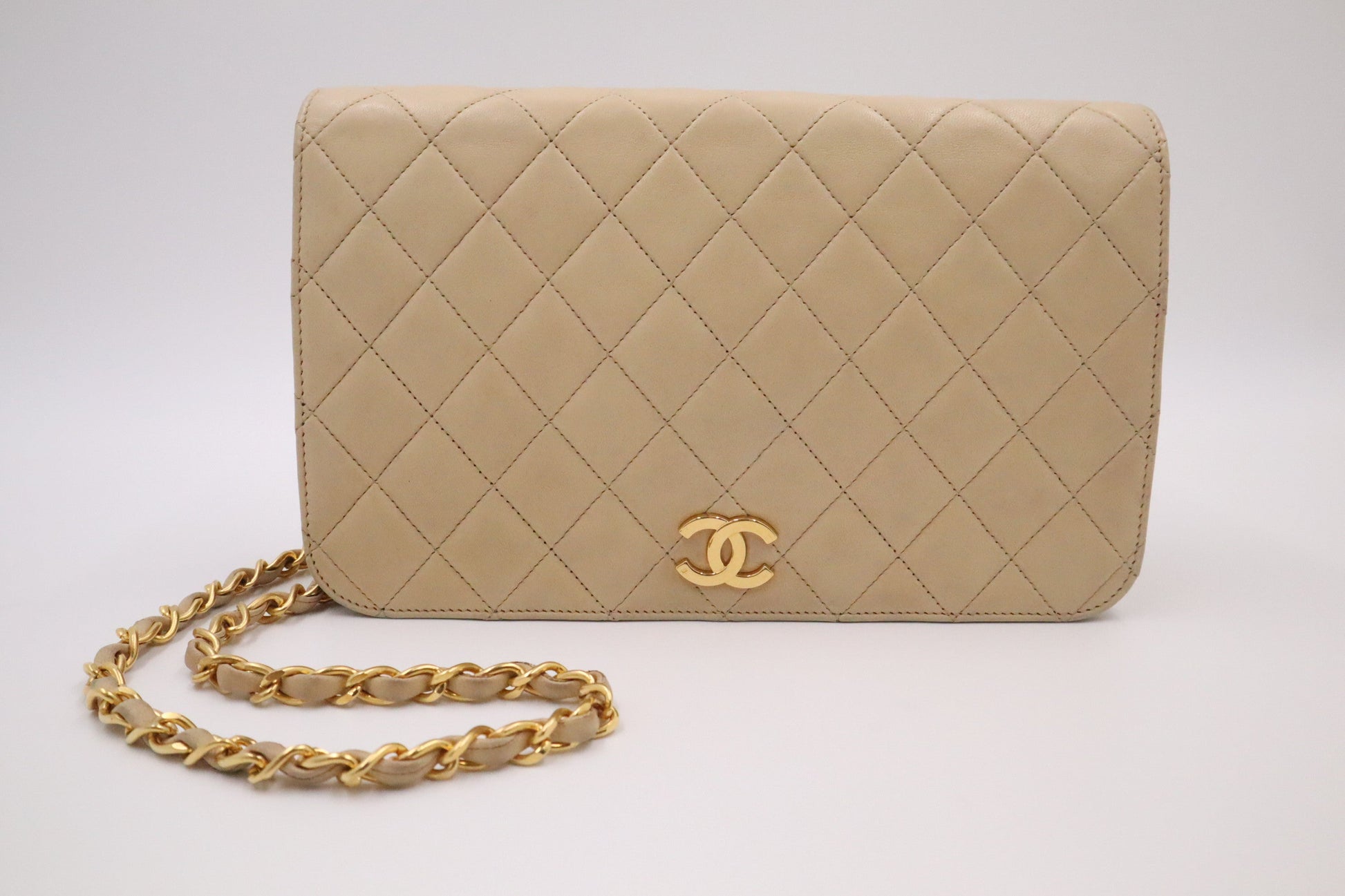 Chanel Full Flap Beige Leather Handbag