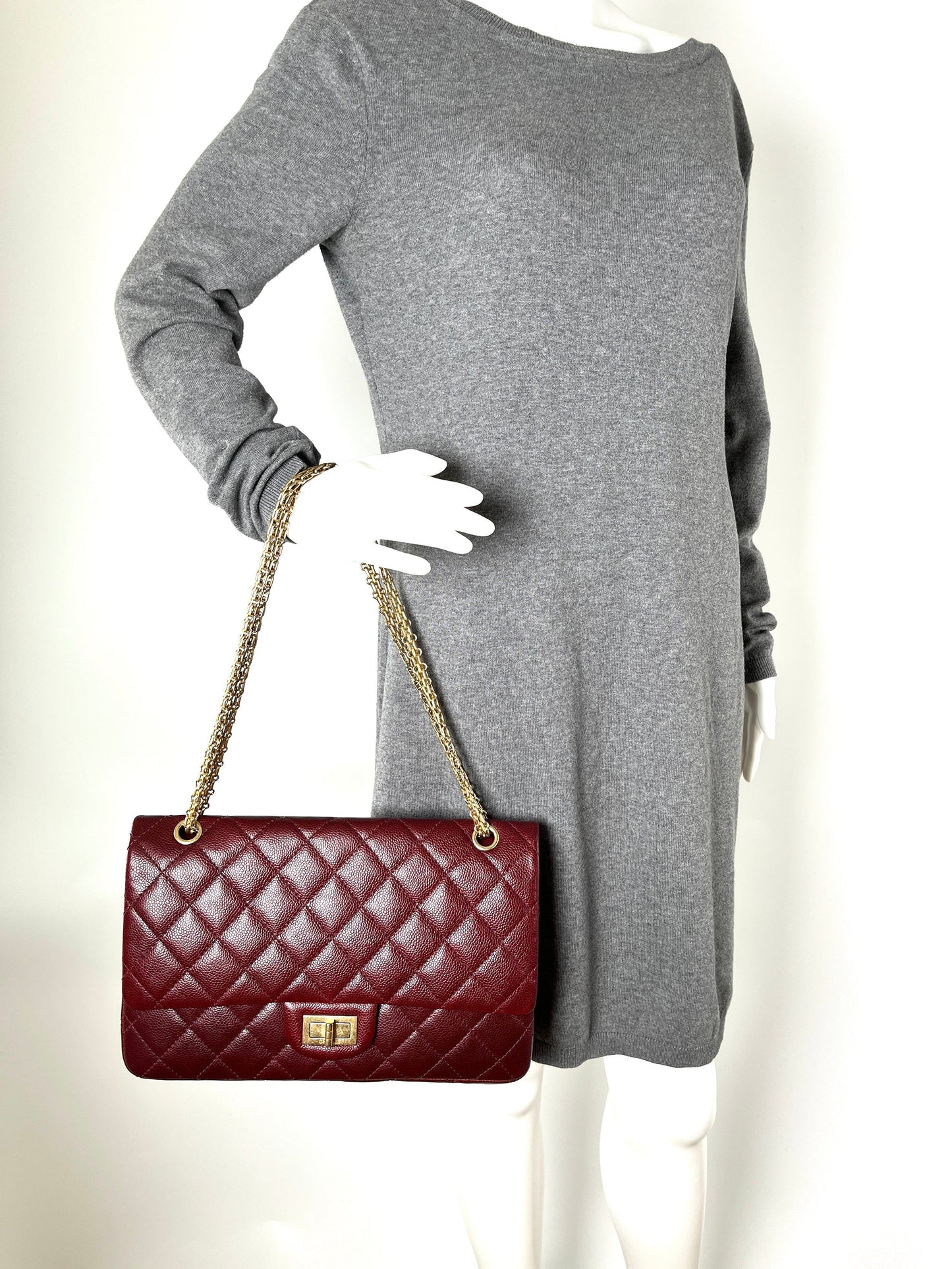 Chanel 2.55 Burgundy Caviar 227 Classic Flap Gold Hardware Shoulder Crossbody Bag