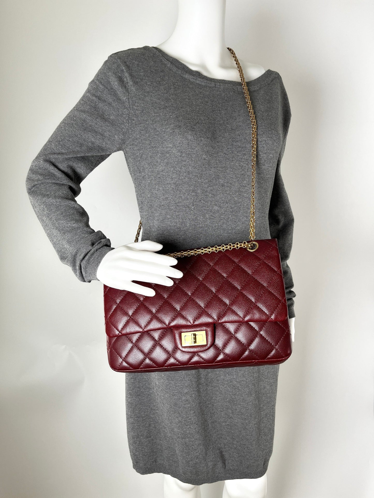 Chanel 2.55 Burgundy Caviar 227 Classic Flap Gold Hardware Shoulder Crossbody Bag