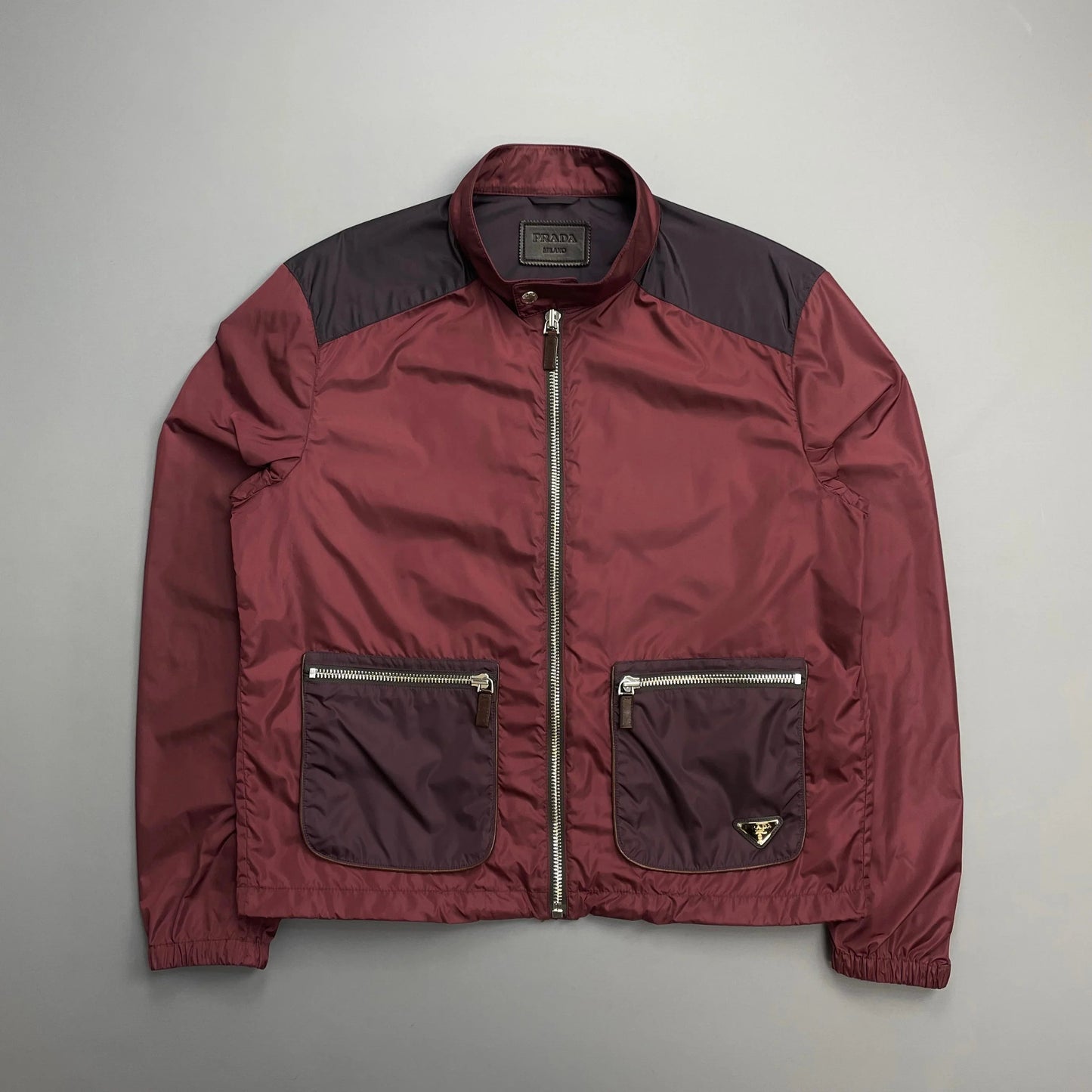 Prada Handbag Milano Mainline Burgundy Plue Trim Track Jacket Leather Nylon
