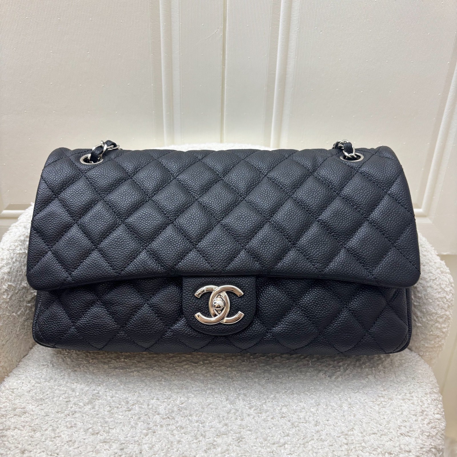 Chanel Easy Caviar Jumbo Flap In Black Caviar And Shw Bag