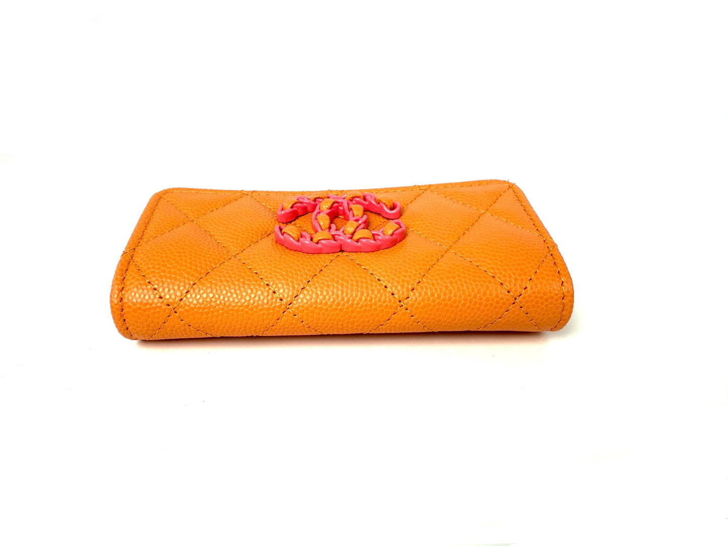 CHANEL 19 Flap Caviar Leather Orange Pink 2024 Compact Card Holder Case