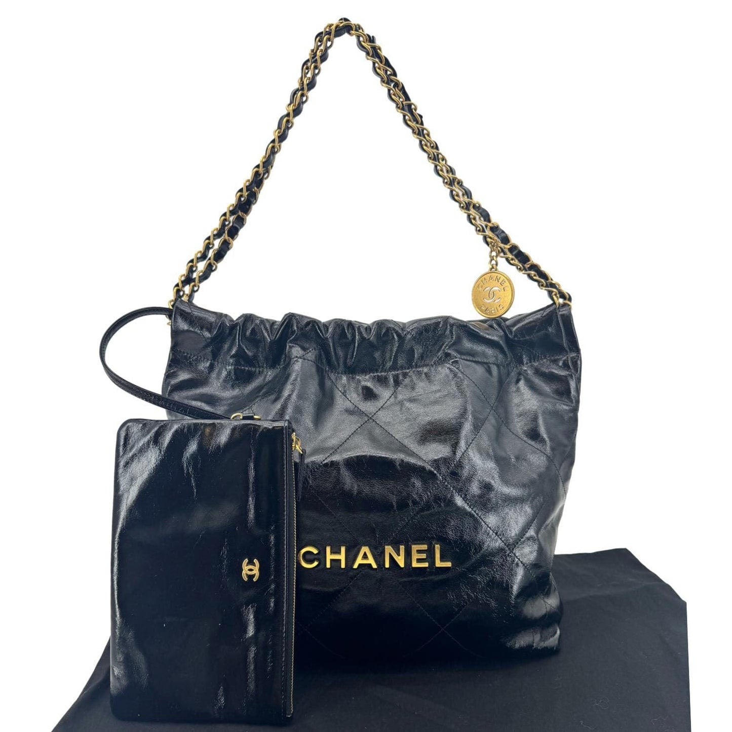 Chanel 22 Quilted Shiny Leather Calfskin Black Travel Bag