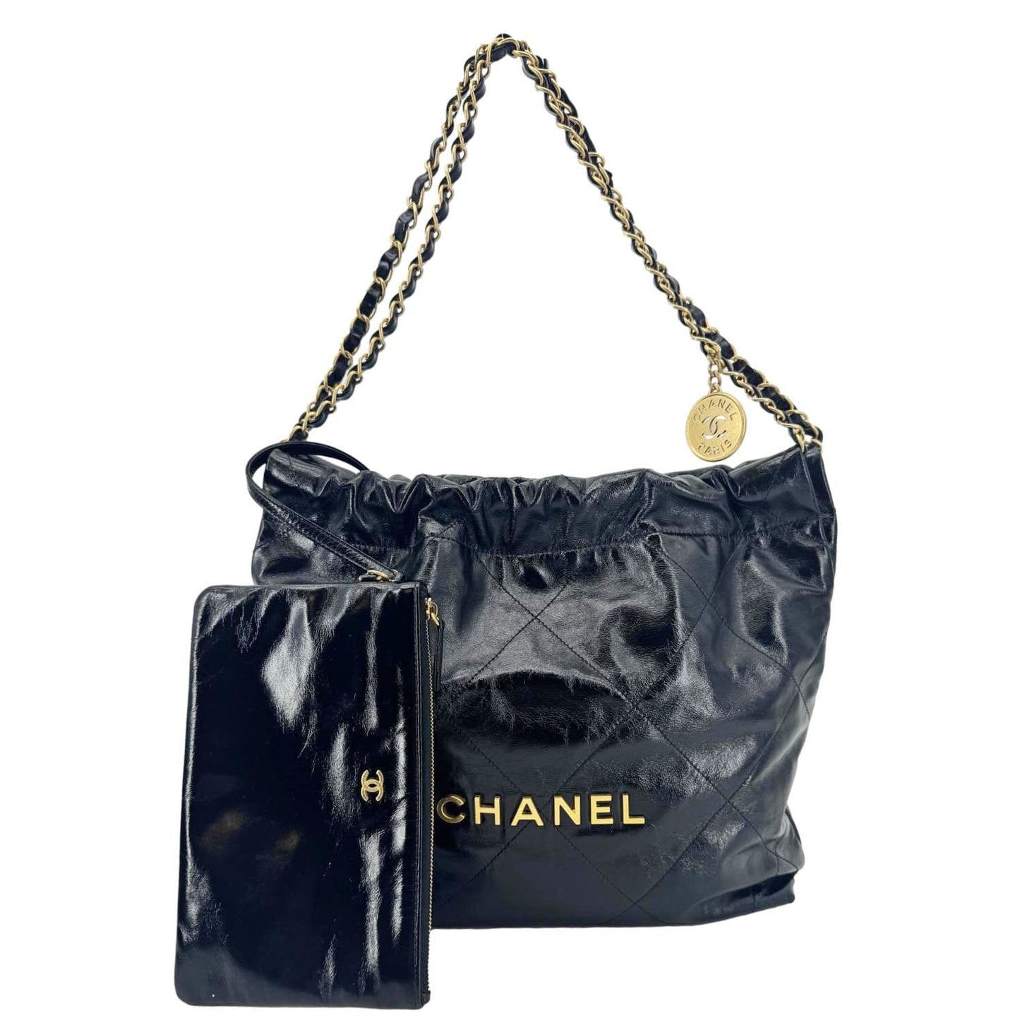 Chanel 22 Quilted Shiny Leather Calfskin Black Travel Bag