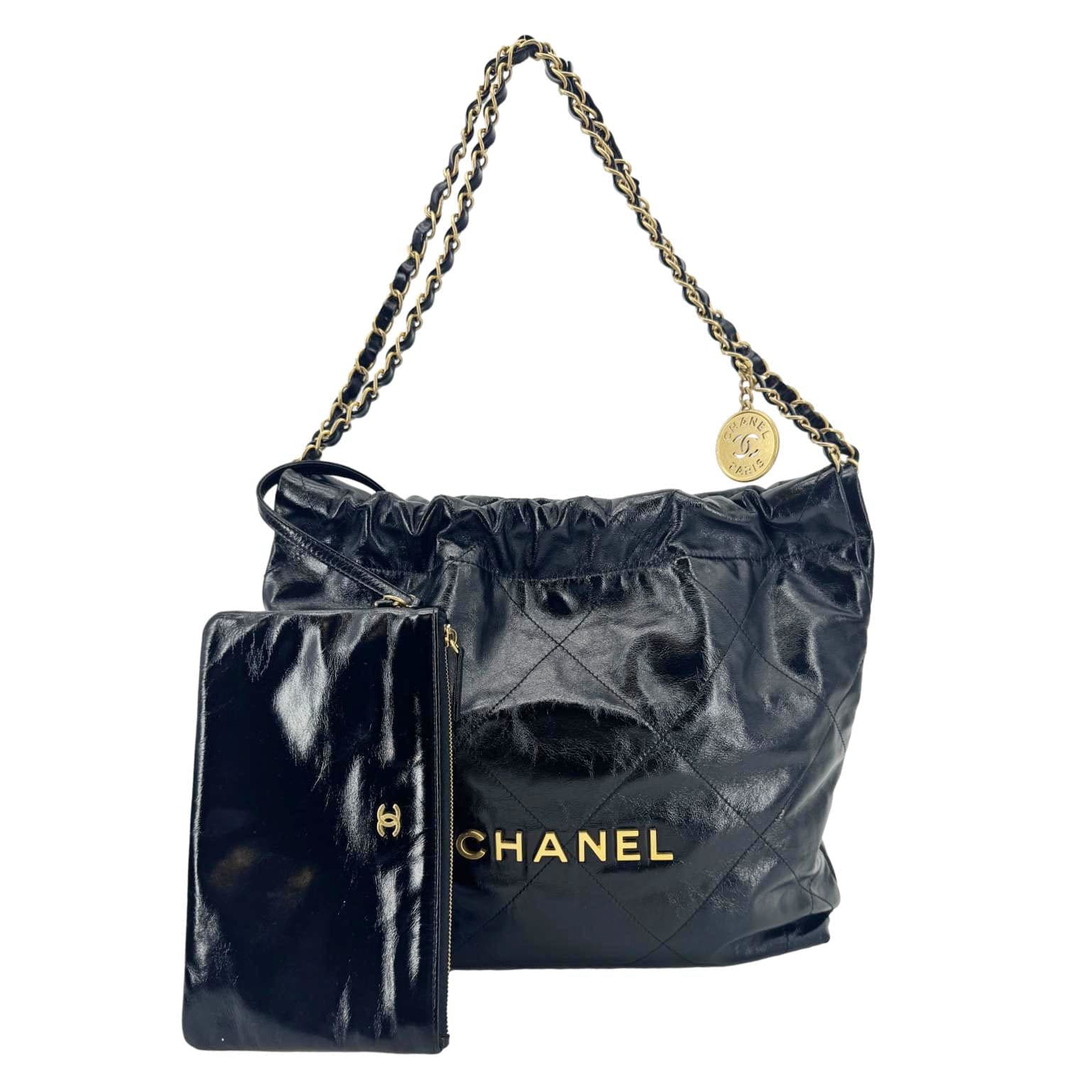 Chanel 22 Quilted Shiny Leather Calfskin Black Travel Bag