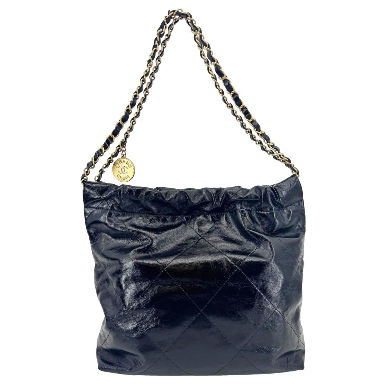 Chanel 22 Quilted Shiny Leather Calfskin Black Travel Bag