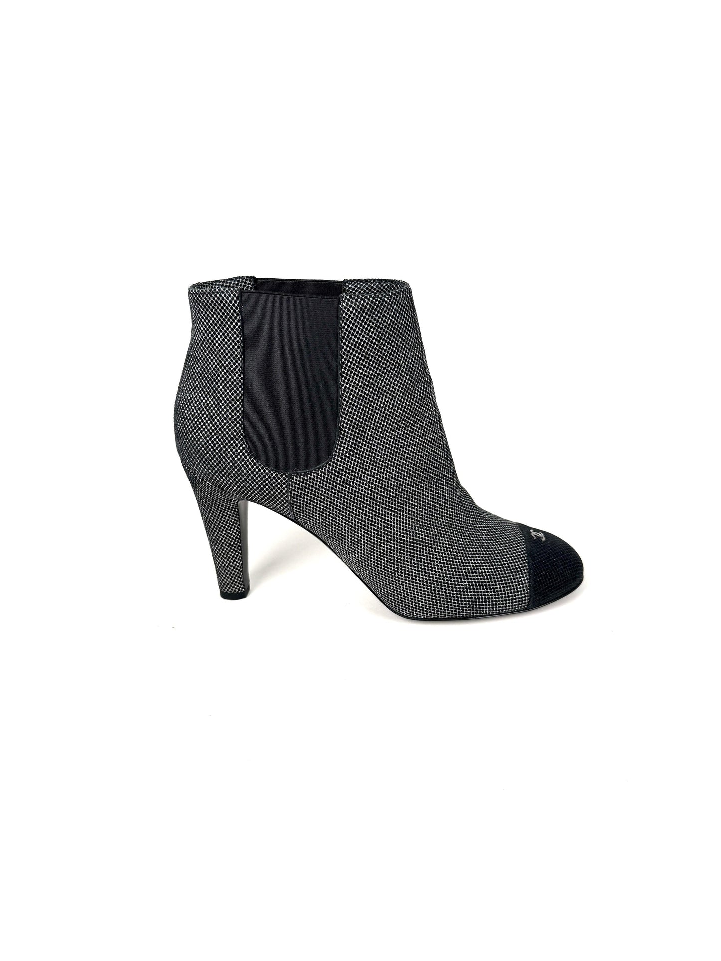 Chanel Black Silver Tweed CC Logo Ankle Booties Boots 40 9.5 for Women