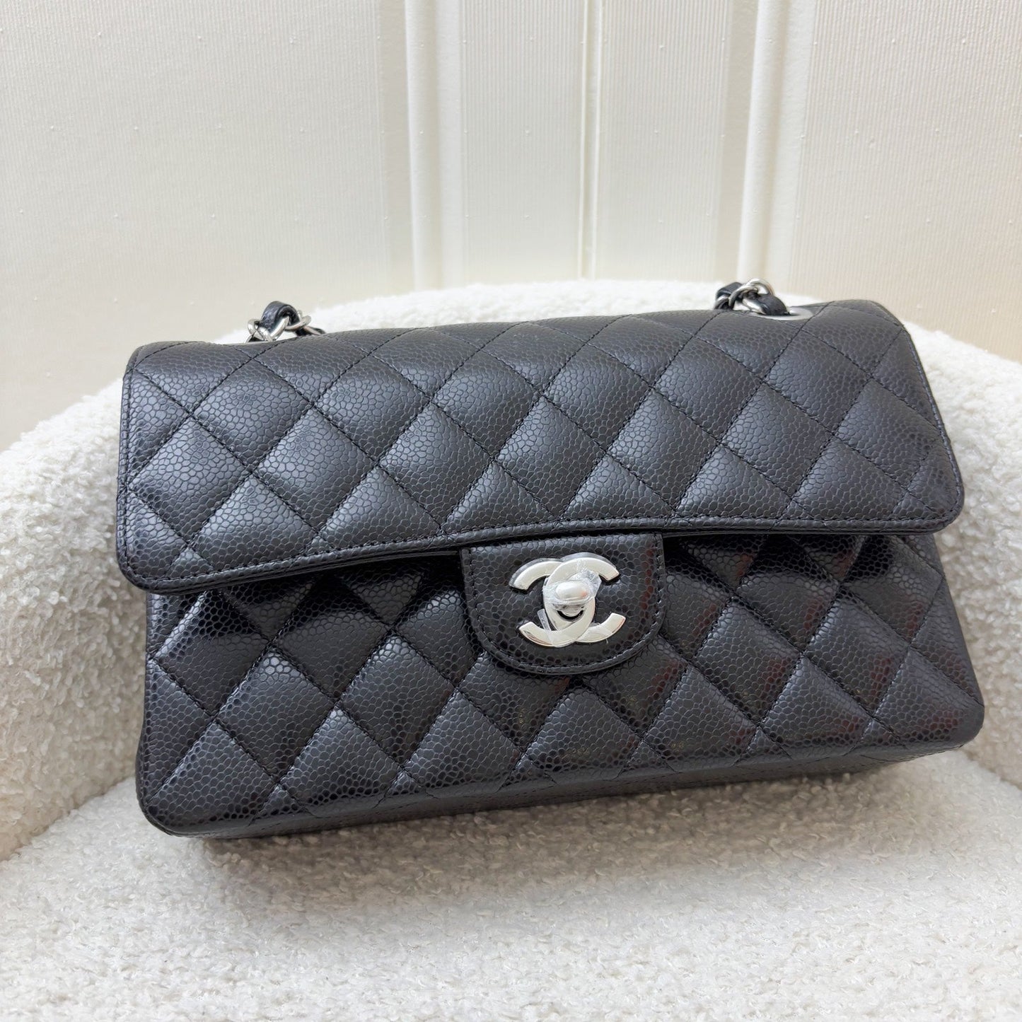 Chanel Small Classic Flap CF in Black Caviar and SHW (Model: A01113)