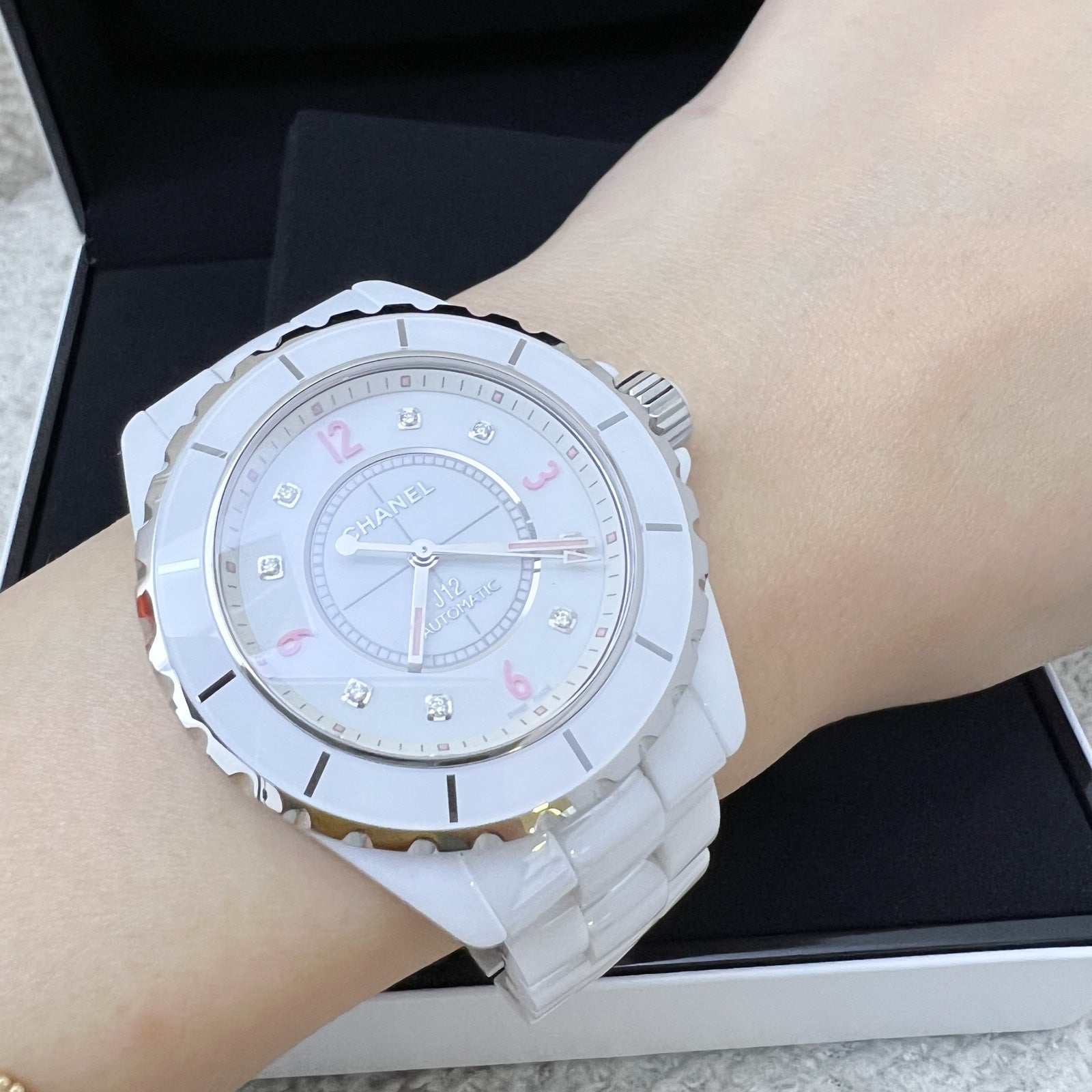 Chanel [serviced for $1380 in Feb 2026] Limited Edition "pink Light" J12 Watch 38MM Automatic Movement with 8 Diamonds in White Ceramic Bracelet and S