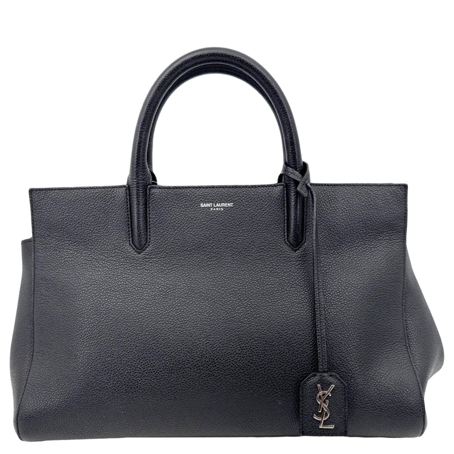 YSL Saint Laurent Yves Cabas Rive Gauche Pebbled Satchel Bag Leather Black Small