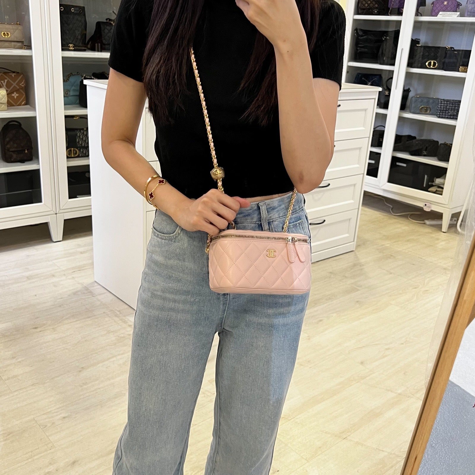 Chanel Pearl Crush Adjustable Chain Vanity in 23B Pink Lambskin and Aghw Handbag