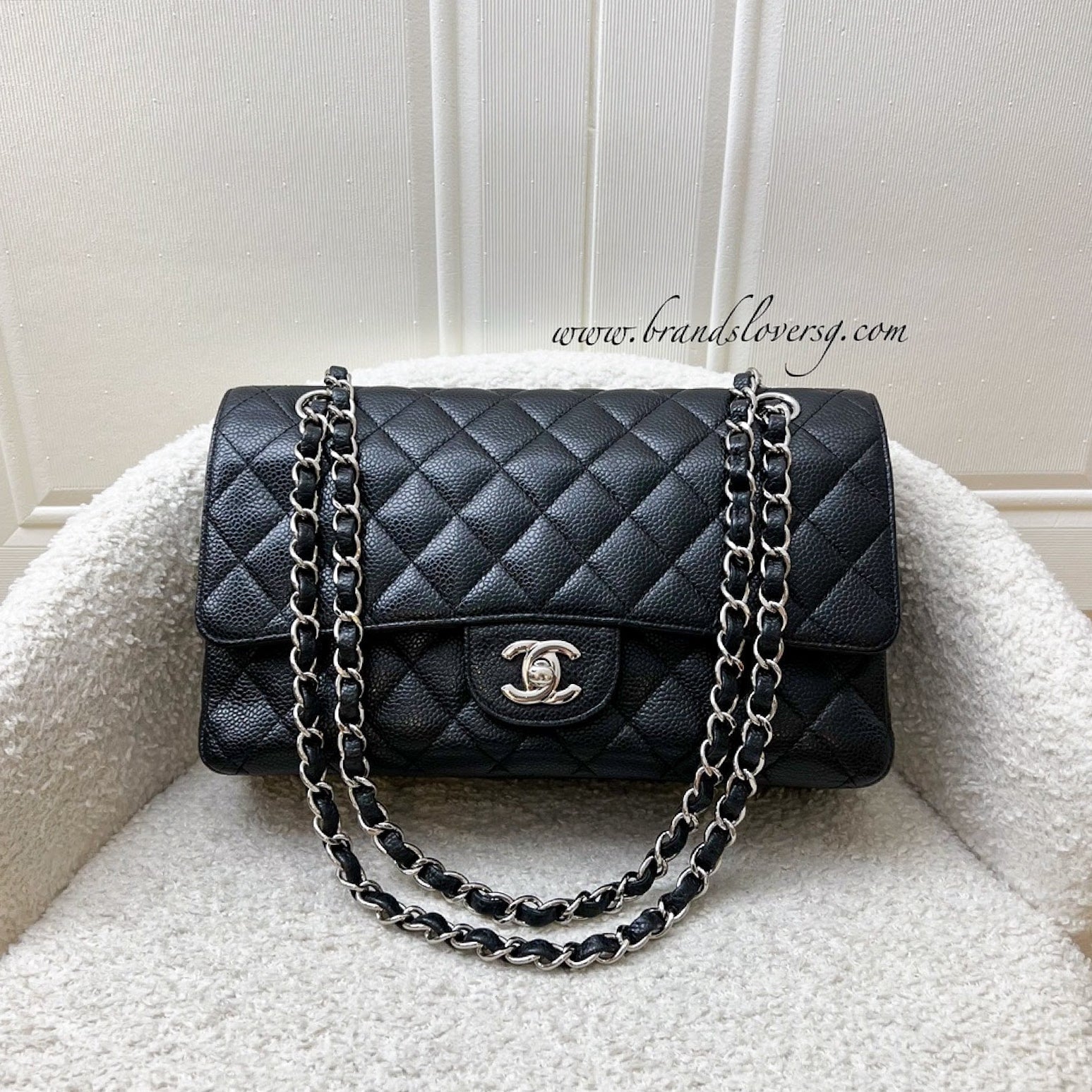 Chanel Medium Classic Flap Cf in Black Caviar and Shw Handbag