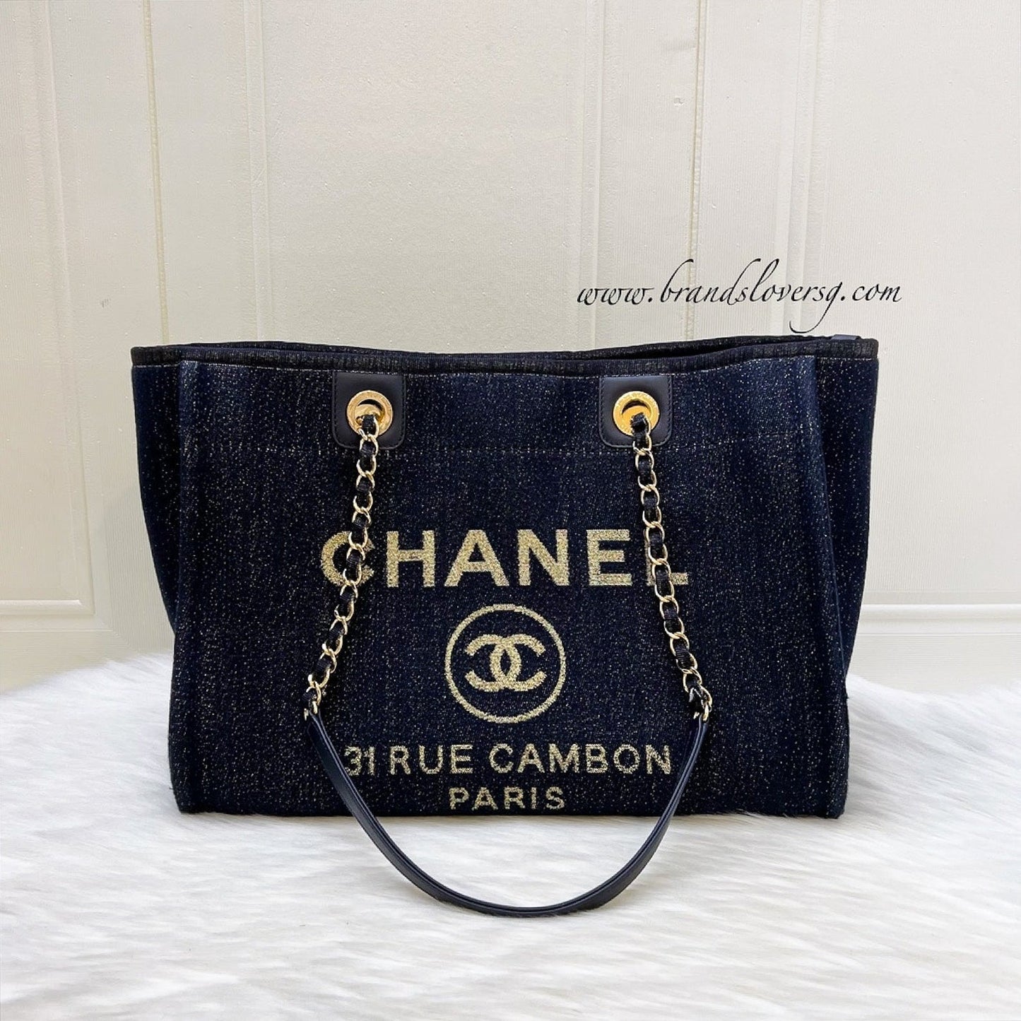 Chanel Deauville Medium Tote in Navy Fabric,glittery Threading and Lghw