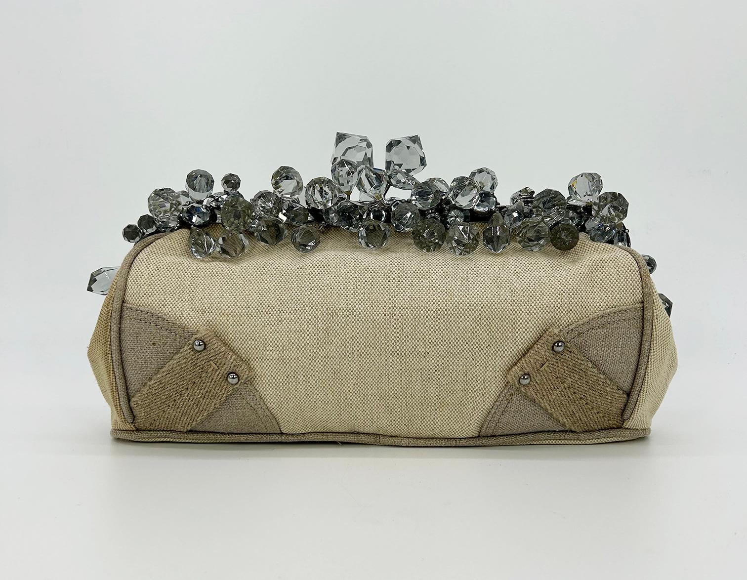 Prada Mistolino Natural Crystal Beaded Top Pochette Travel Bag Canvas