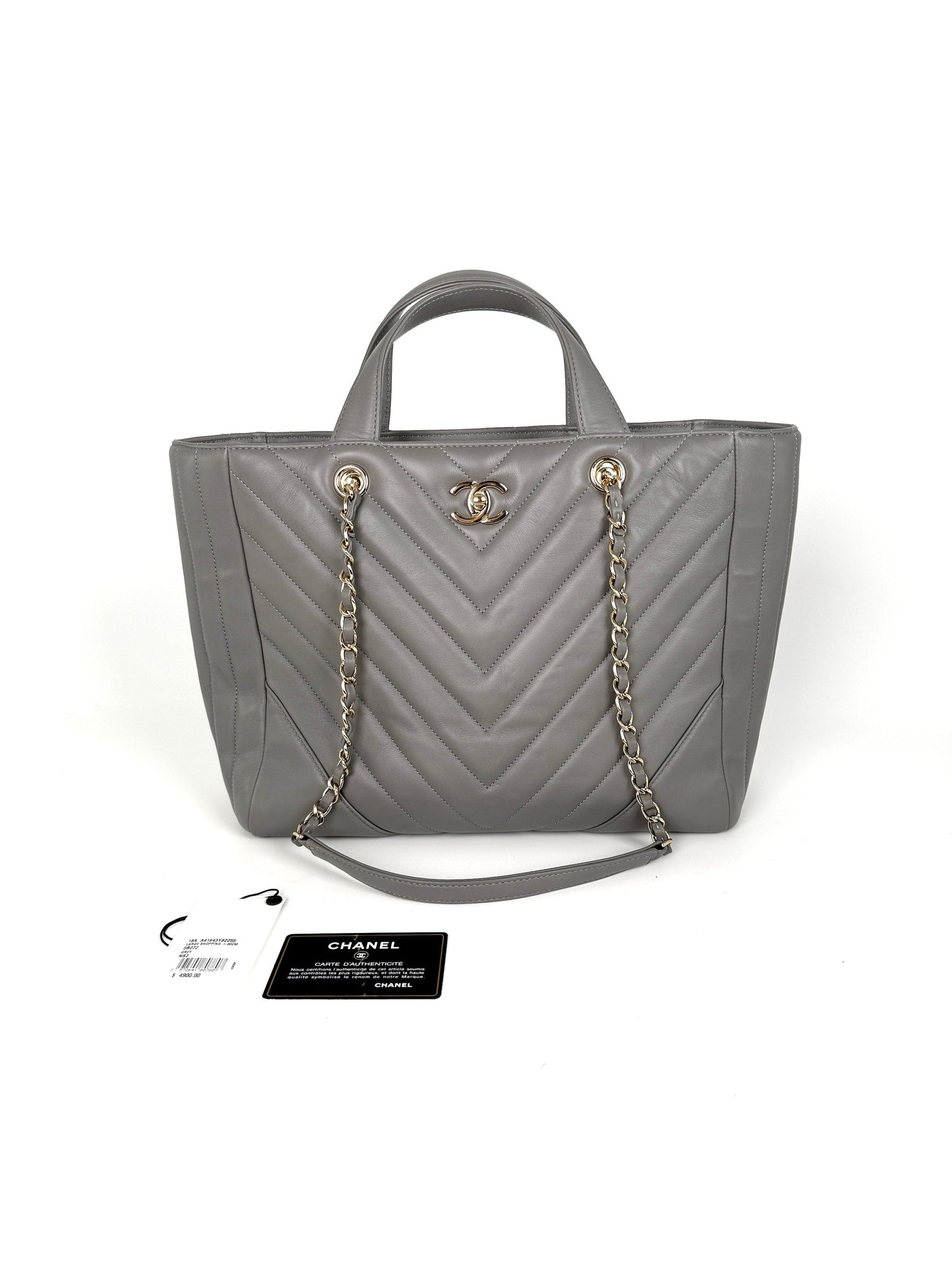 Chanel Chevron Statement Gray Quilted Calfskin Shopping Tote Bag