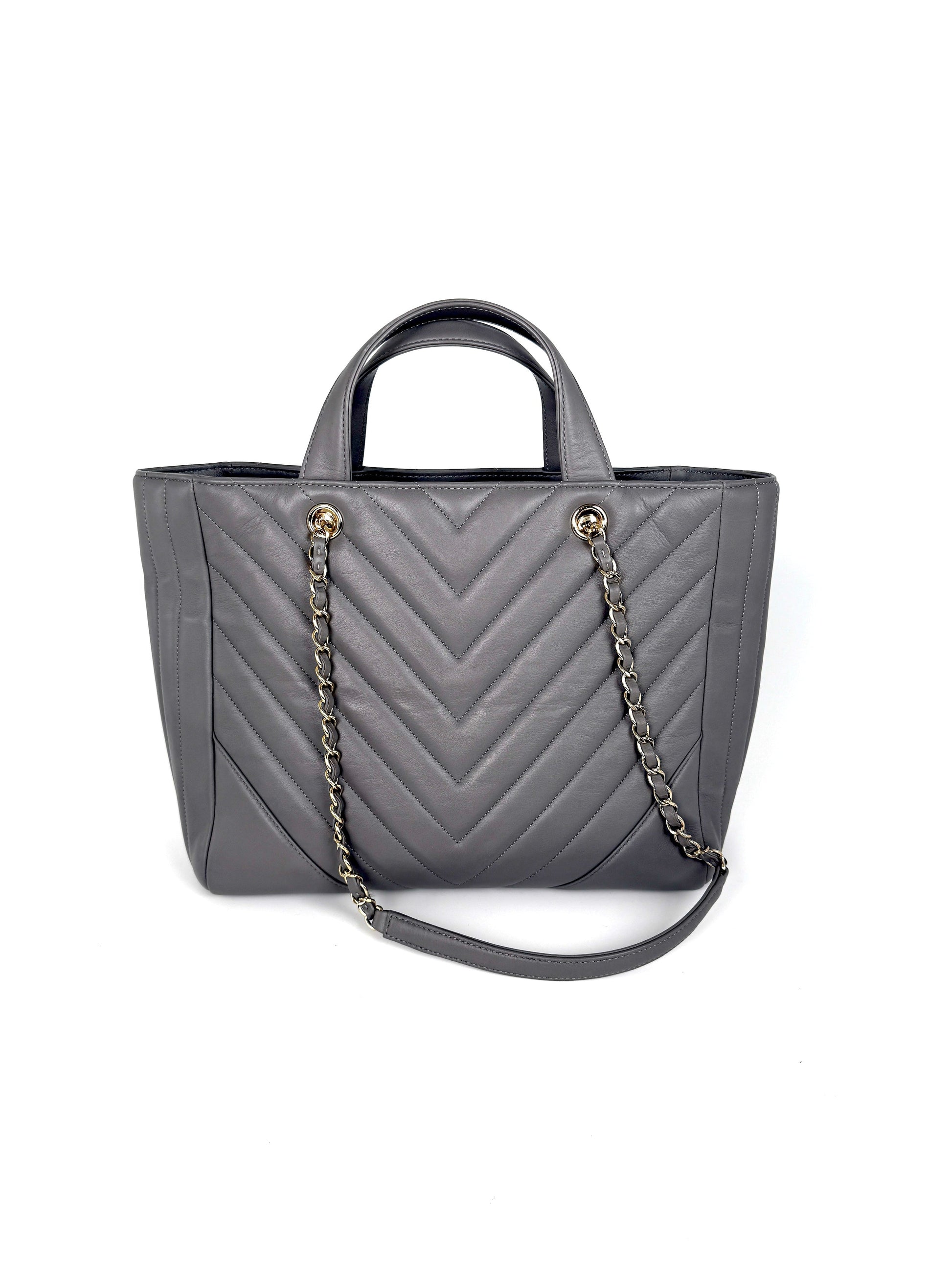 Chanel Chevron Statement Gray Quilted Calfskin Shopping Tote Bag