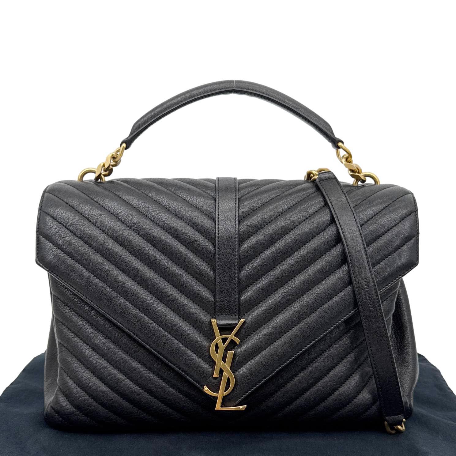 YSL Saint Laurent Yves College Chevron Crossbody Bag Leather Monogram Black Chevron College Satchel