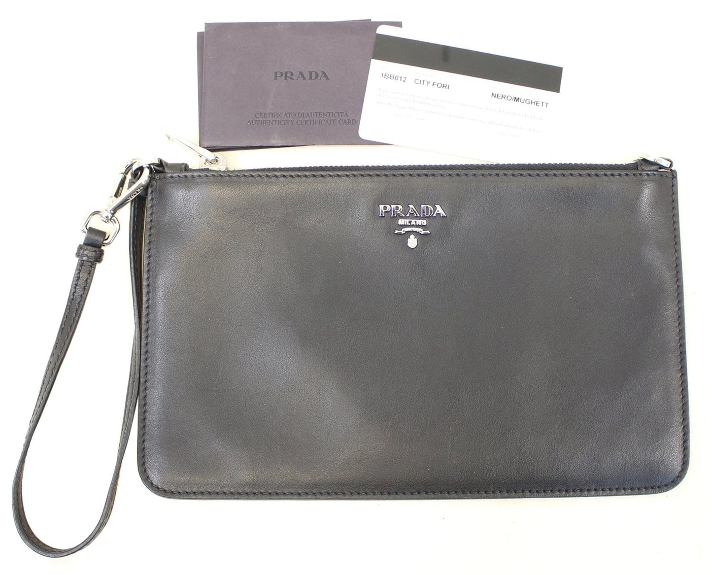 Plaque Wristlet Clutch Bag Leather Black