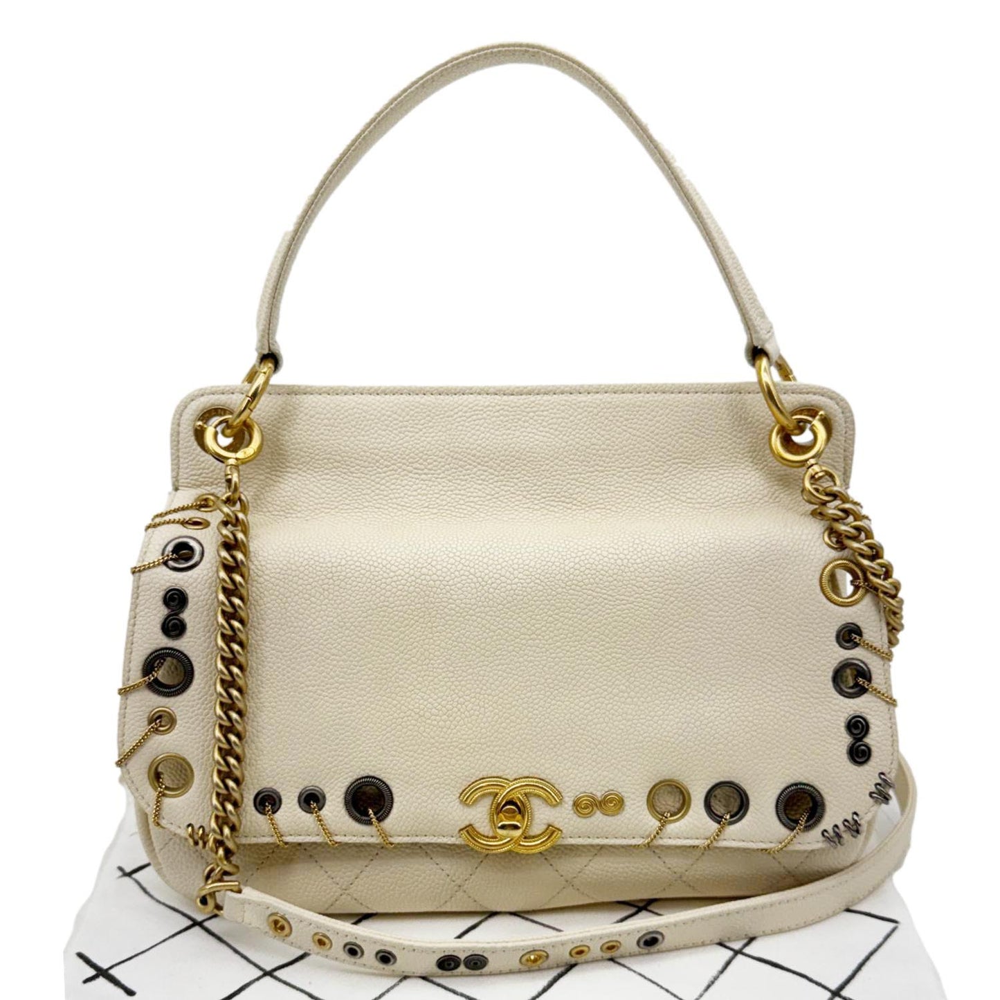 Chanel Grommet Embellished Chic Flap Quilted Leather Ivory Travel Bag