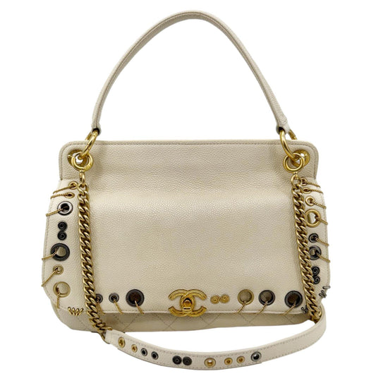Chanel Grommet Embellished Chic Flap Quilted Leather Ivory Travel Bag