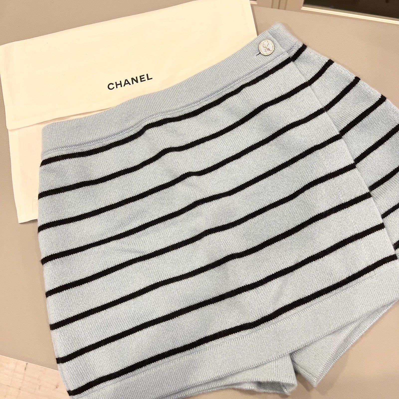 Chanel 25S Baby Blue Knitted Striped Skorts In 100% Cashmere ( ) Bag