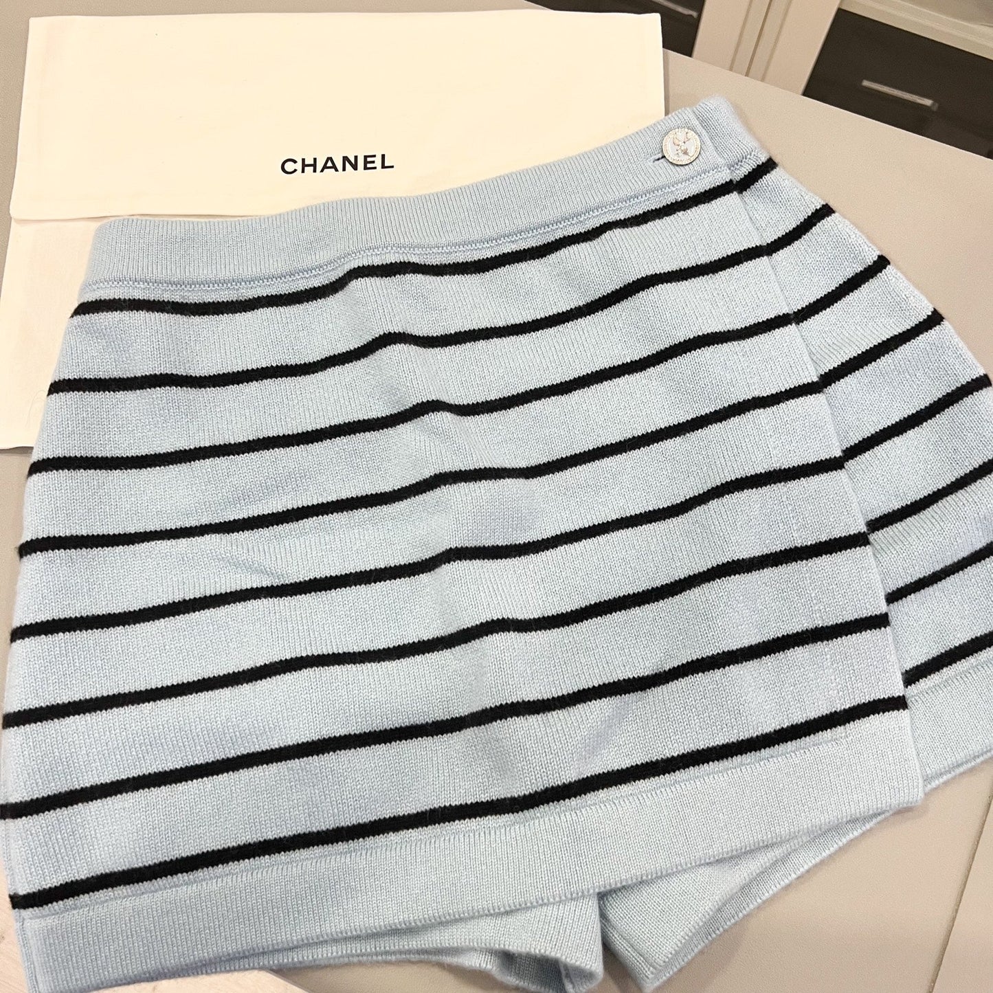 Chanel 25S Baby Blue Knitted Striped Skorts in 100% Cashmere ( ) Handbag