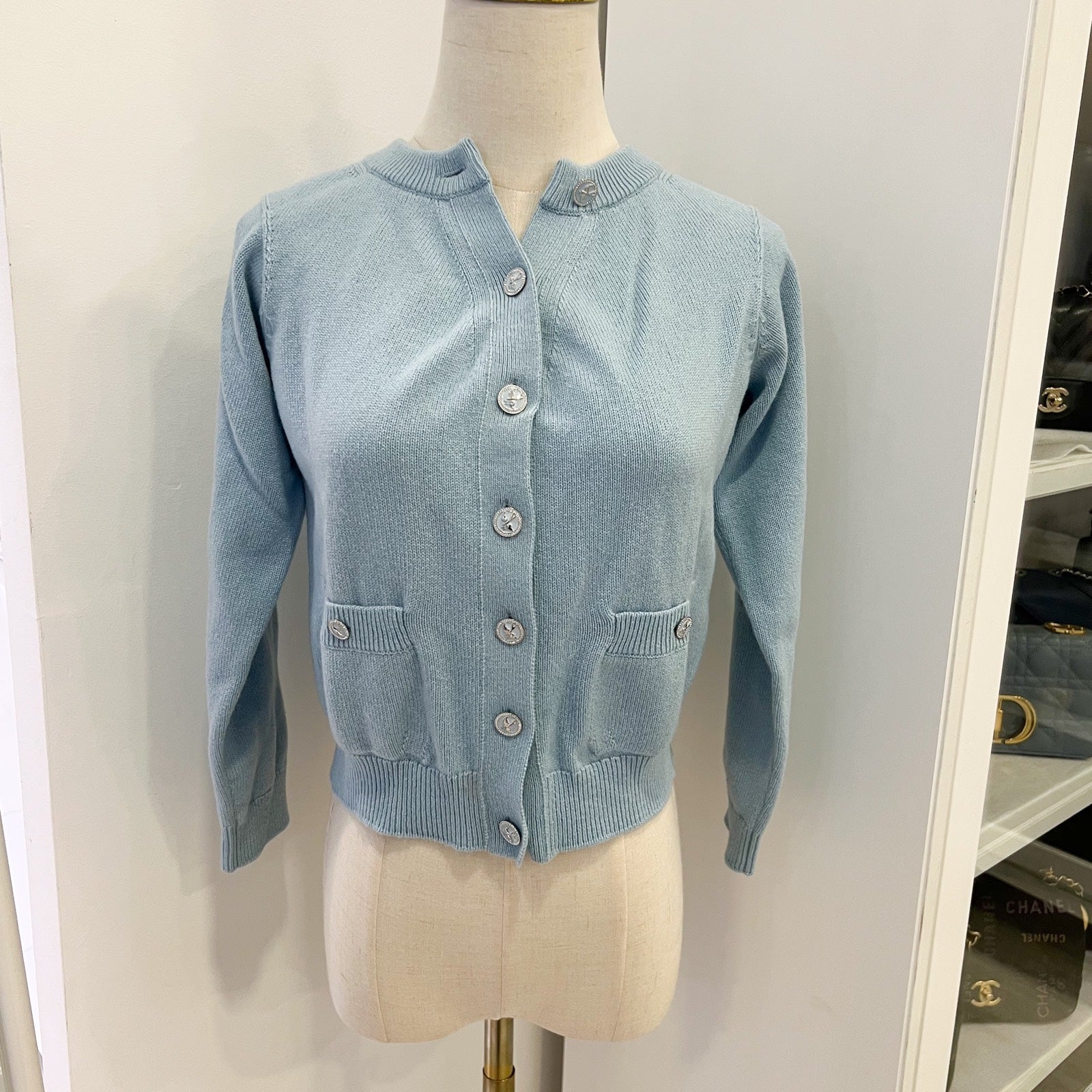 Chanel 25S Knitted Cardigan In Baby Blue 100% Cashmere ( ) Bag