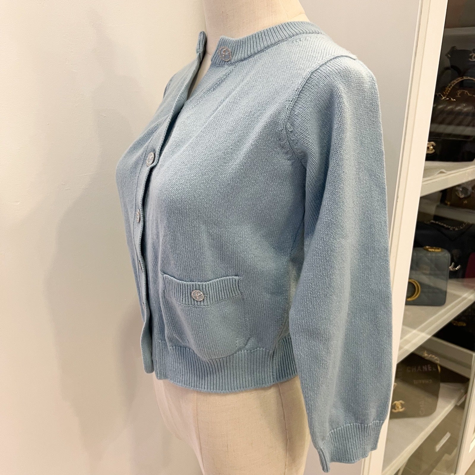 Chanel 25S Knitted Cardigan In Baby Blue 100% Cashmere ( ) Bag