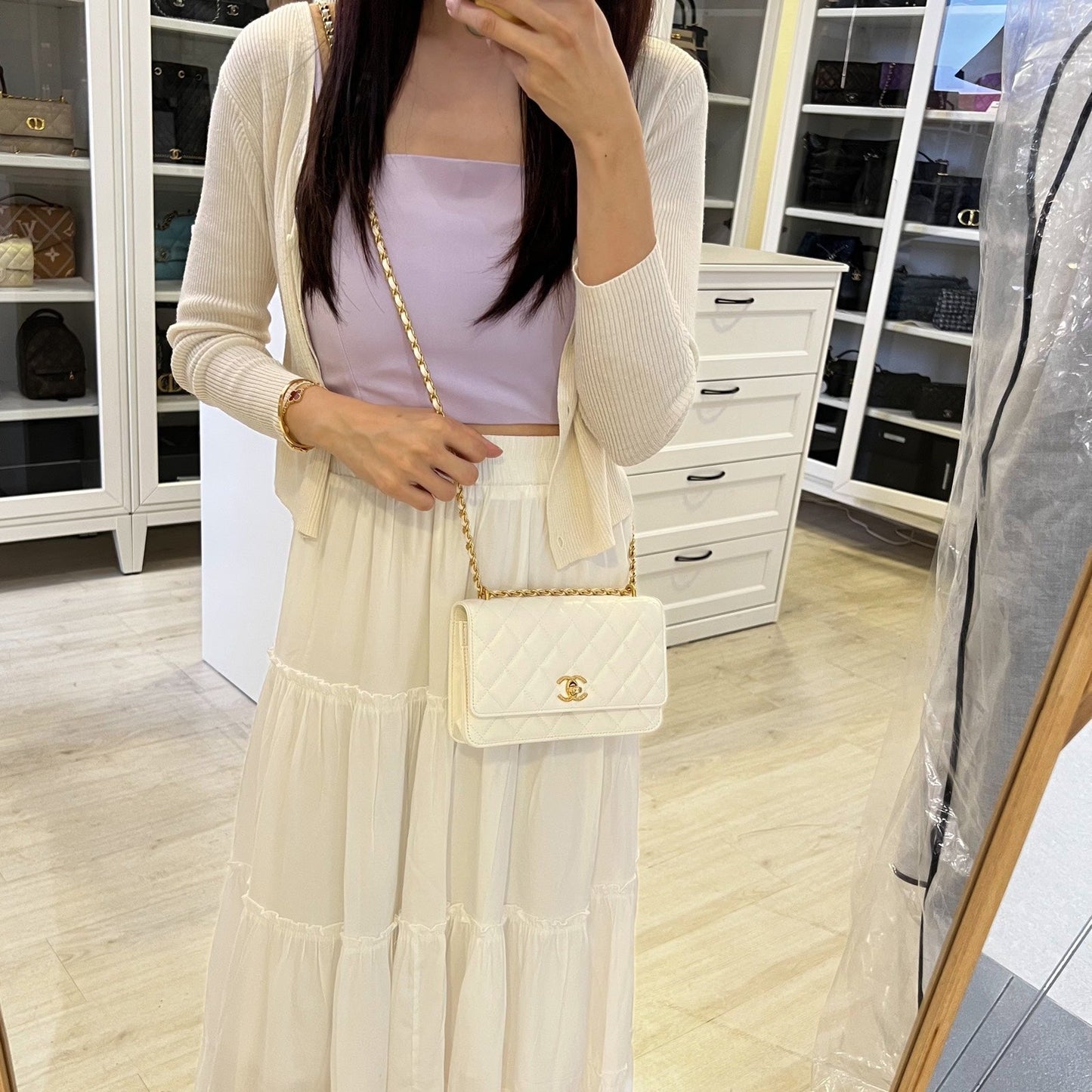 Chanel Seasonal Wallet on Chain WOC in White Lambskin and GHW (Model: AP3102)
