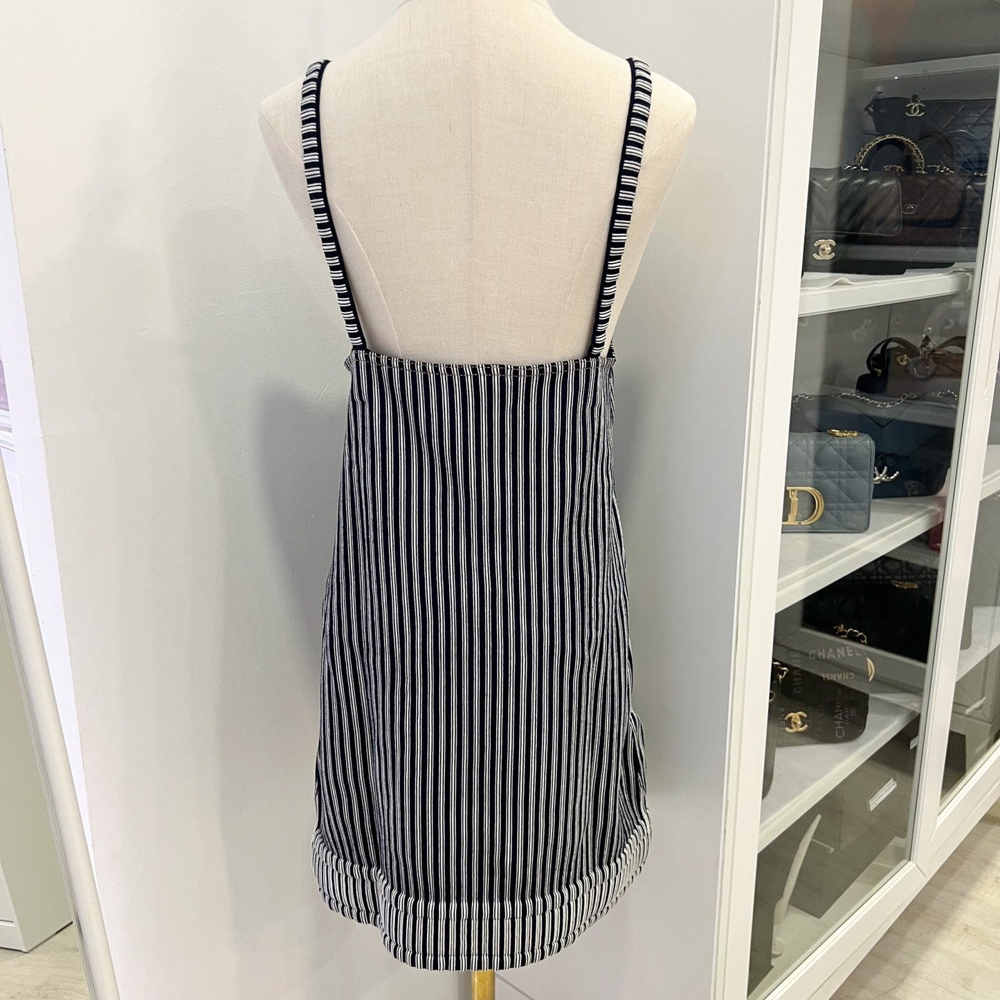 Chanel Pinstripe Sleeveless Dress with Front Pockets in Cotton and Polyester (Model: P79171)