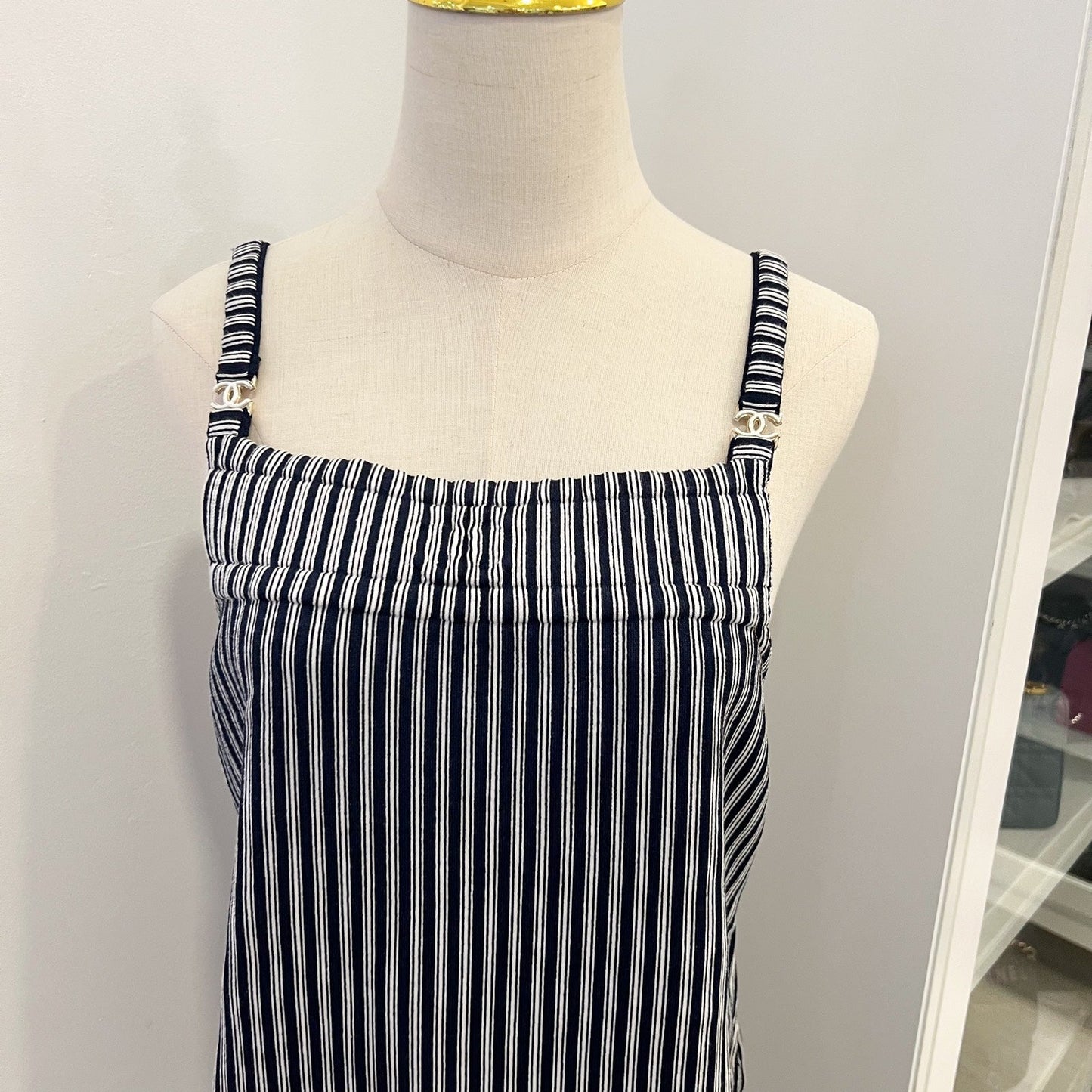 Chanel Pinstripe Sleeveless Dress with Front Pockets in Cotton and Polyester (Model: P79171)