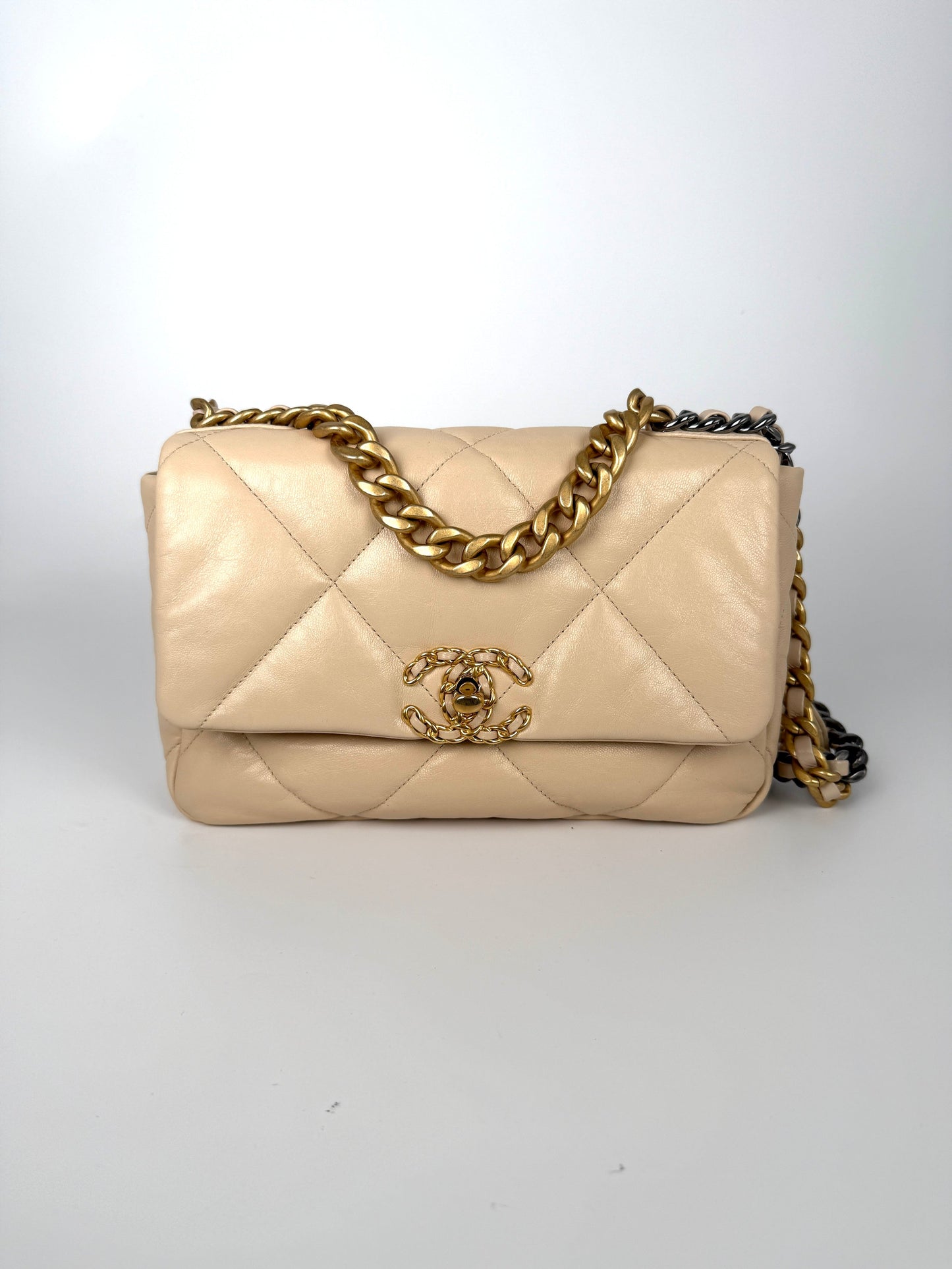 Chanel 19 Medium Beige Goatskin Gold Hardware Flap Bag