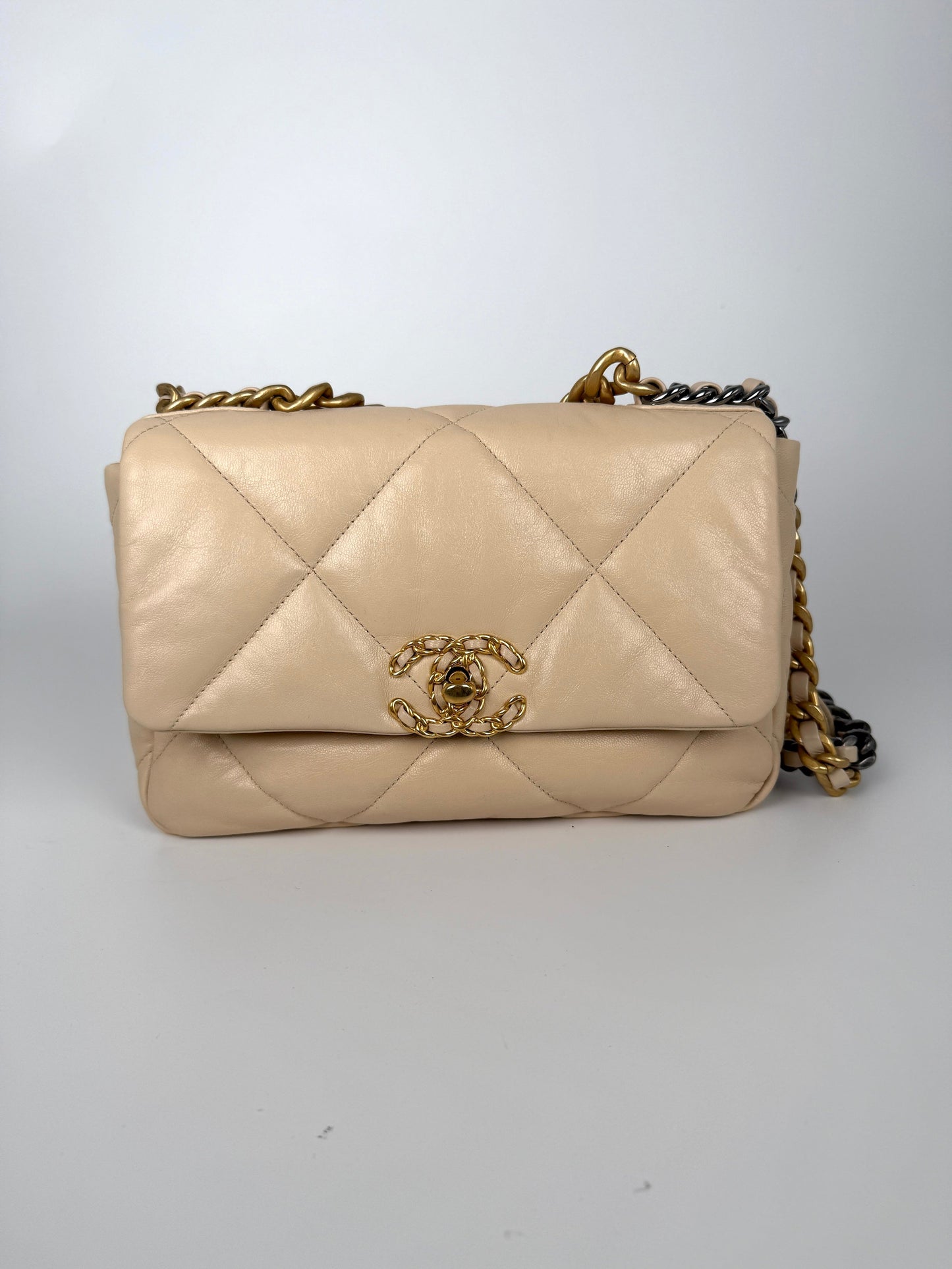 Chanel 19 Medium Beige Goatskin Gold Hardware Flap Bag